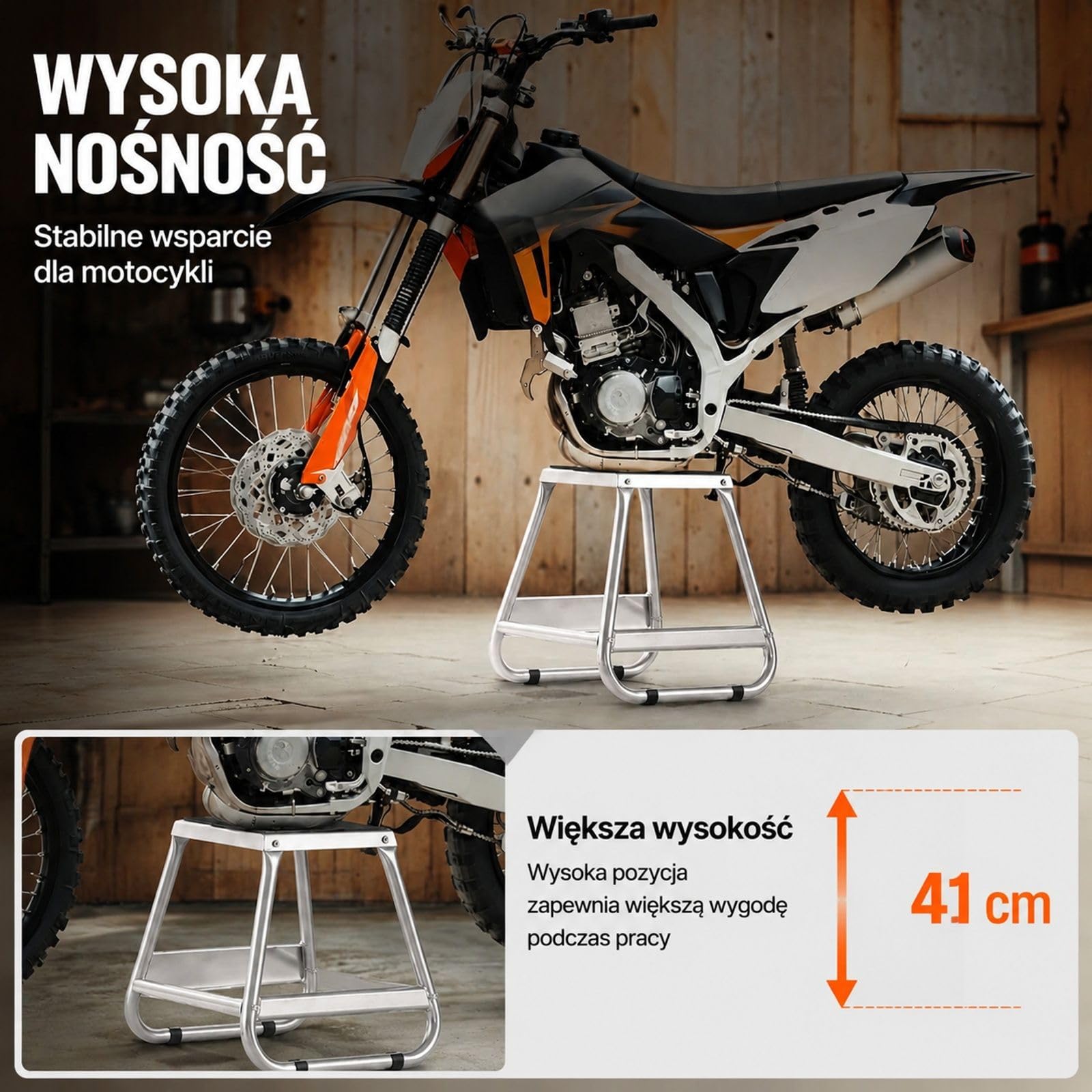 Stojak serwisowy do motocykla terenowego, podnośnik z udźwigiem 498 kg, gumowa platforma i kompaktowe przechowywanie