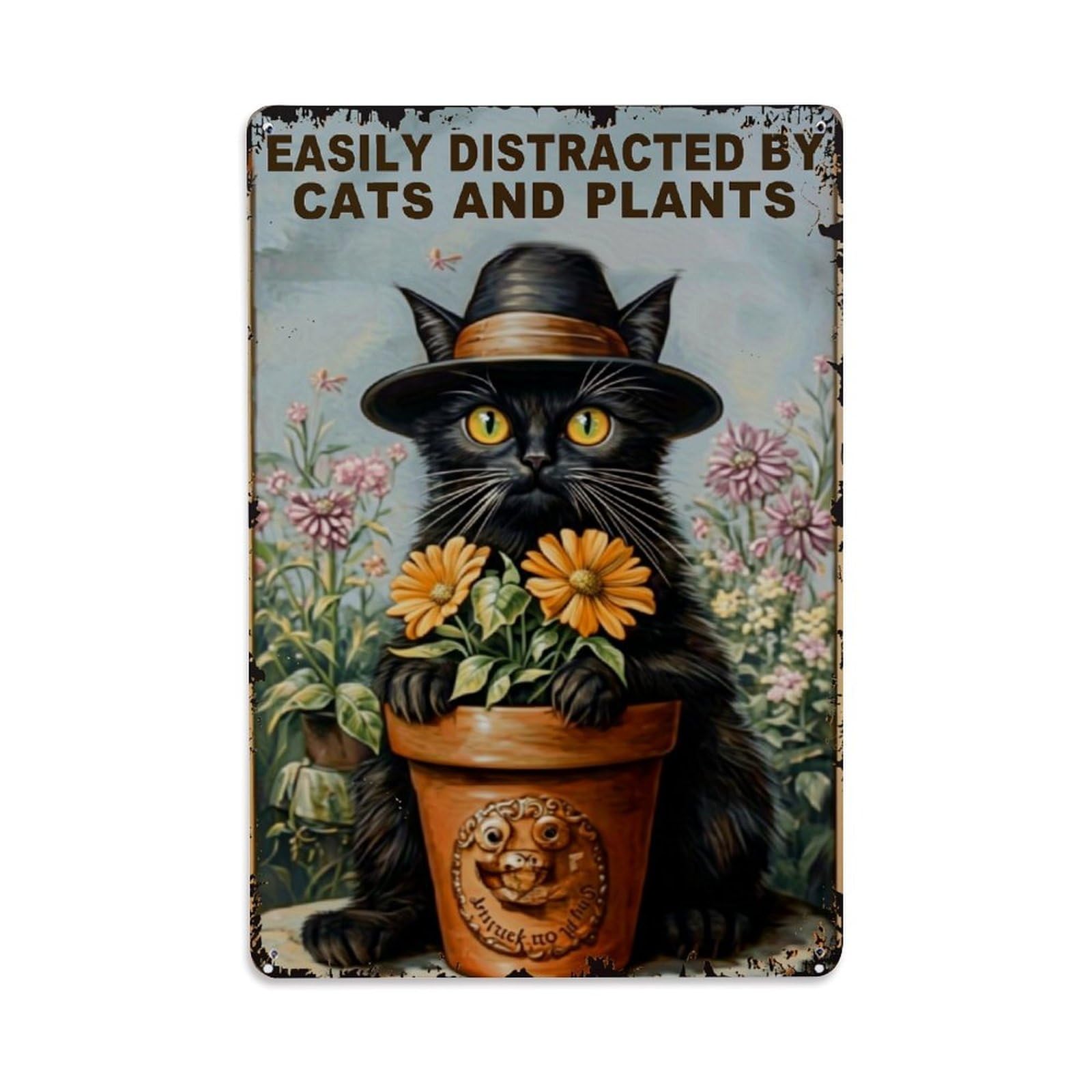 Cat In Hat With Flowers Retro Metal Tin Sign, Vintage Decor Art Poster for Bar, Home, Man Cave, Kitchen, Laundry Room Gift 8x12Inch