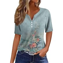 Women Short Sleeve Tops 2025 Summer Casual Pullover Fashion Blouse Tees Button V Neck Printed T Shirt Plus Size