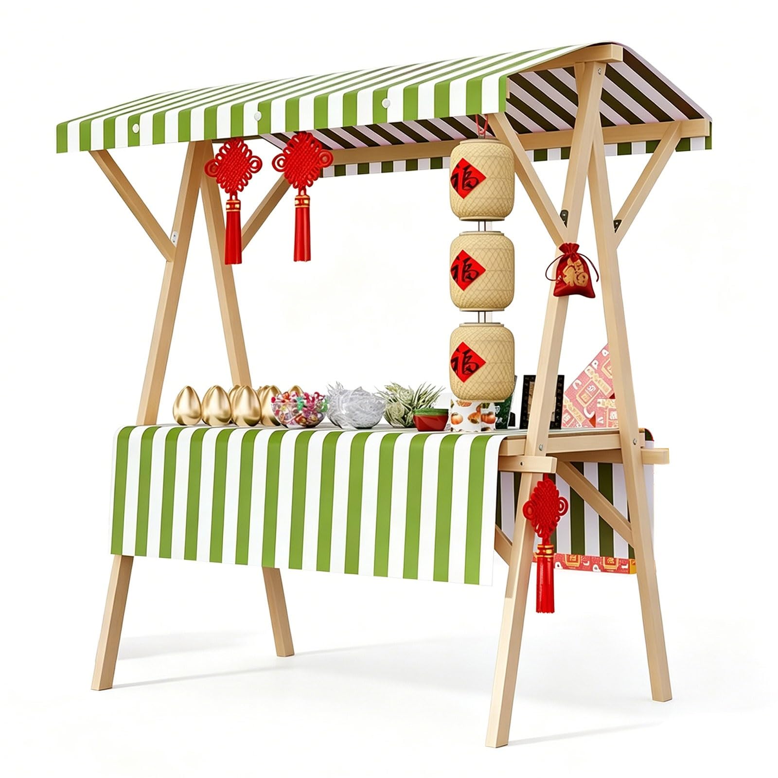 Wooden Market Stall Stand with Canopy, Foldable Vendor Cart Table for Farmers Market, Display Tent for Outdoor Events(Green,160cm/63in)