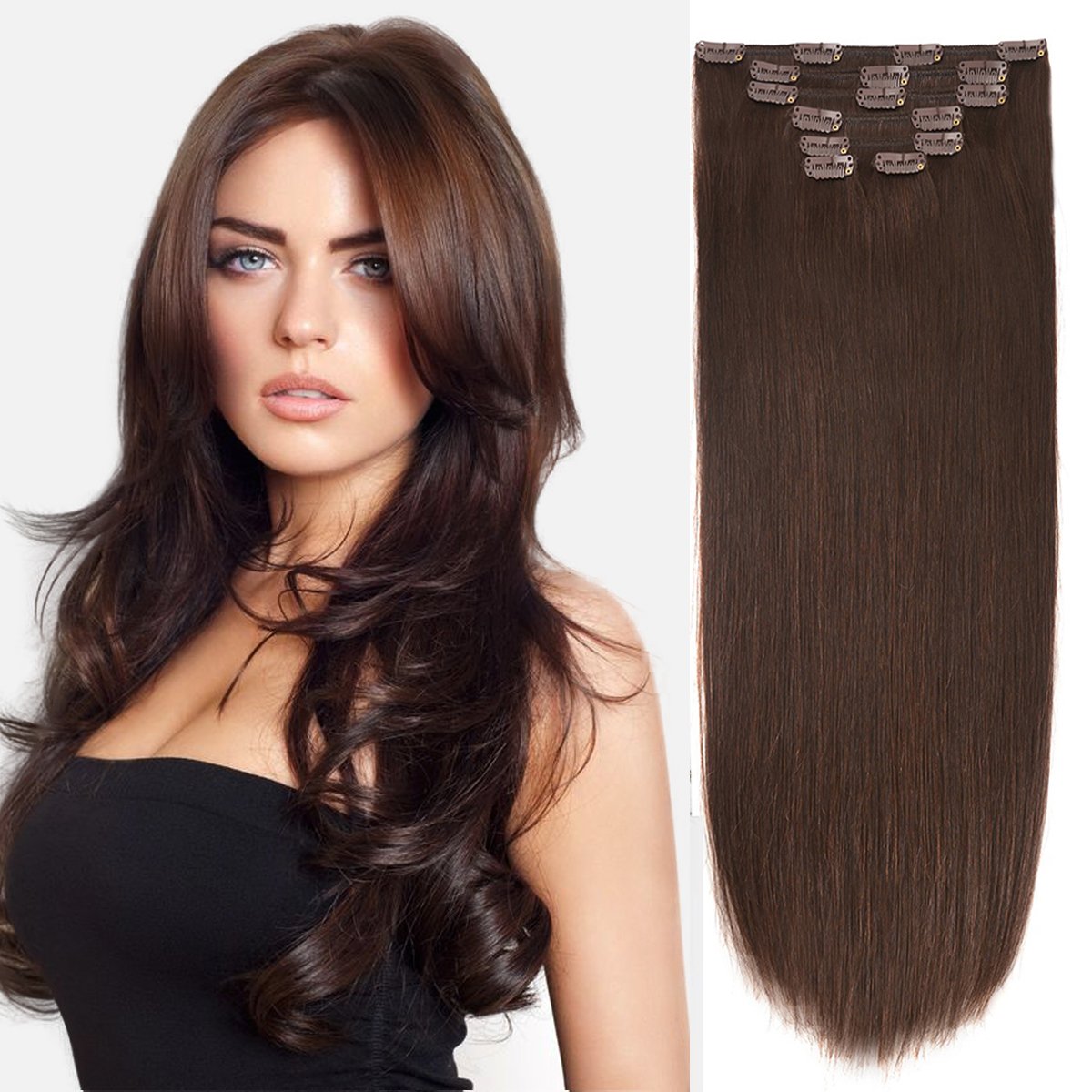 14" Clip Hair Extensions Human Hair Clip in Extensions Double Weft Dark Brown 2# 7pieces 85gram/2.9oz