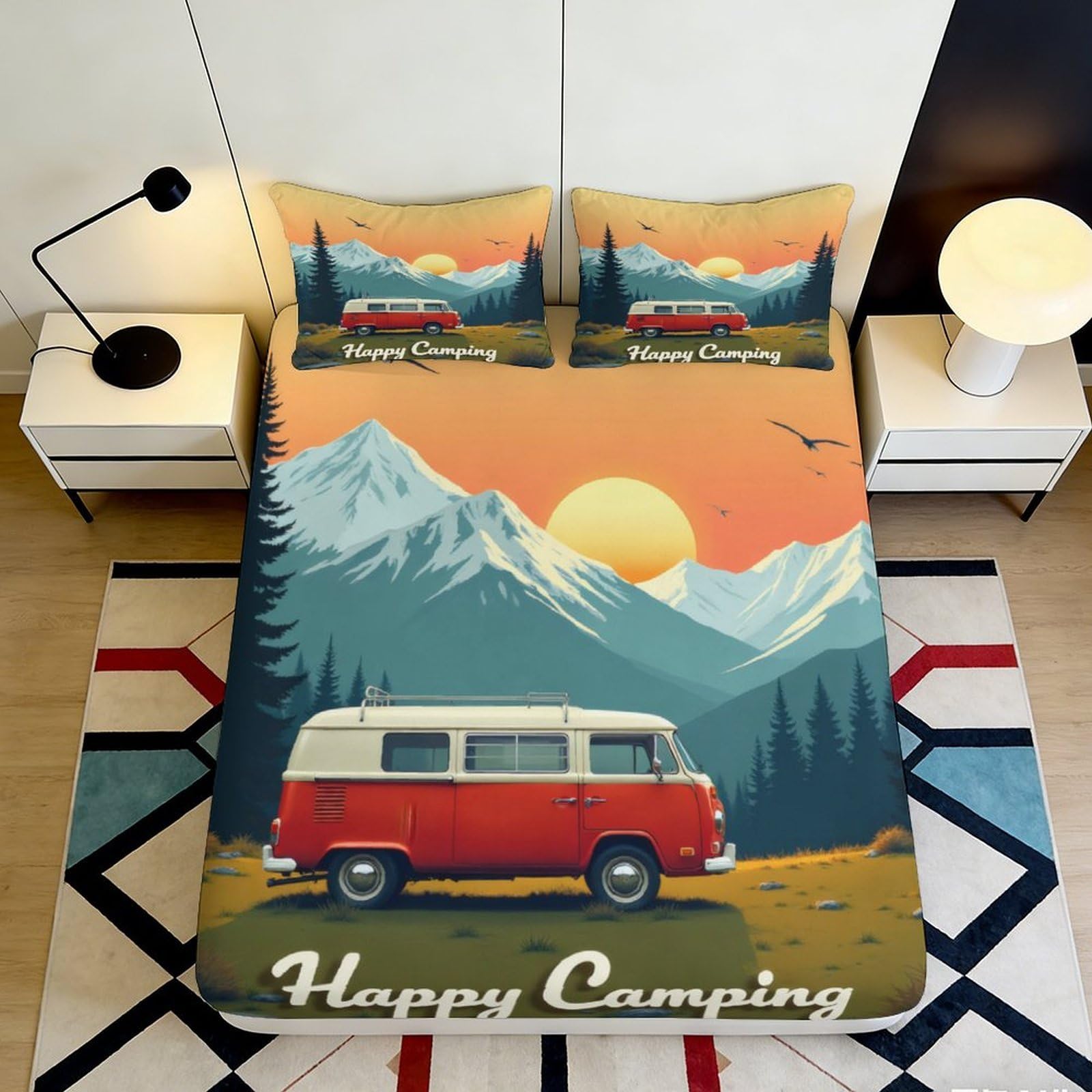 3D Printed Vintage Camper Fitted Sheet Microfiber Scenic Mountain Sunset Bed Cover for Bedroom Dorm Decor 90x200x25cm