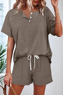 Womens Summer Vacation Outfits Lounge Sets Button Down Top and Shorts Set Sweatsuits with Pockets