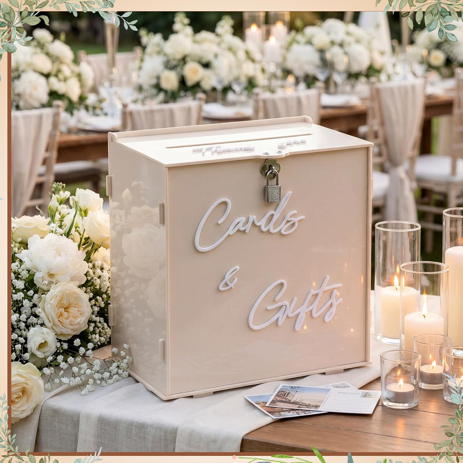 BreezeHug Light Beige Acrylic Wedding Card Box with Slot and Lock, Money Gift Box with DIY Letters Cards Gifts/Thank You Letters, Baby Shower Graduation Birthday Party (Medium)