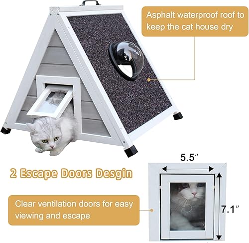 Miniatura 6 de Deblue Casa para gatos resistente a la intemperie para gatos salvajes, casa para gatos pequeños al aire libre, refugio único de madera para gatos