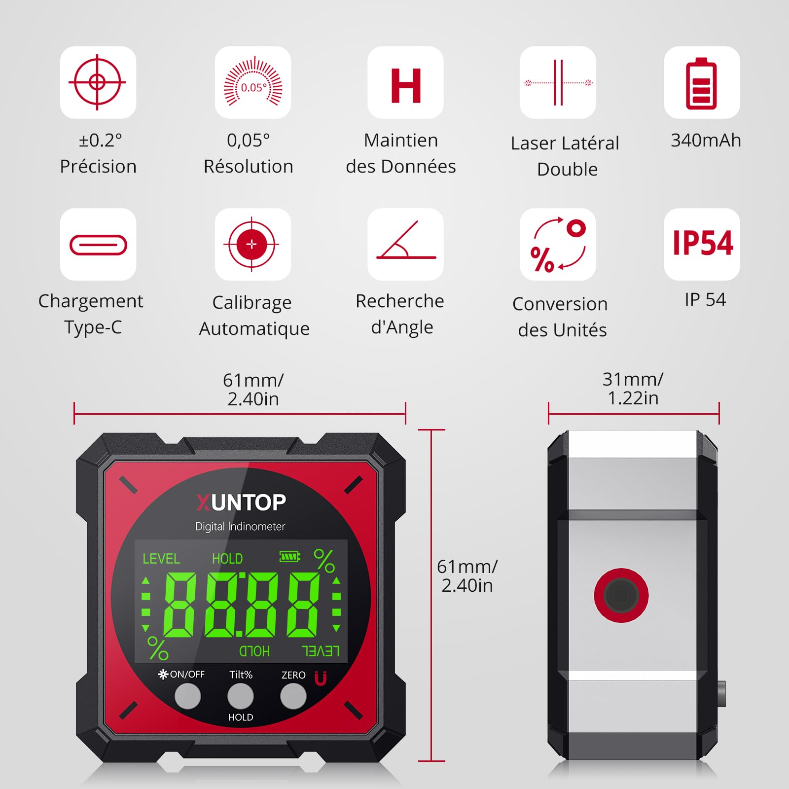 XUNTOP 4*90° Inclinomètre Numérique Rechargeable avec Fonction Laser Écran LCD Étanche IP54 Rapporteur d'Angle Digital 4 Faces Magnétiques Niveau à Bulle pour Menuiserie Travail du Bois Construction