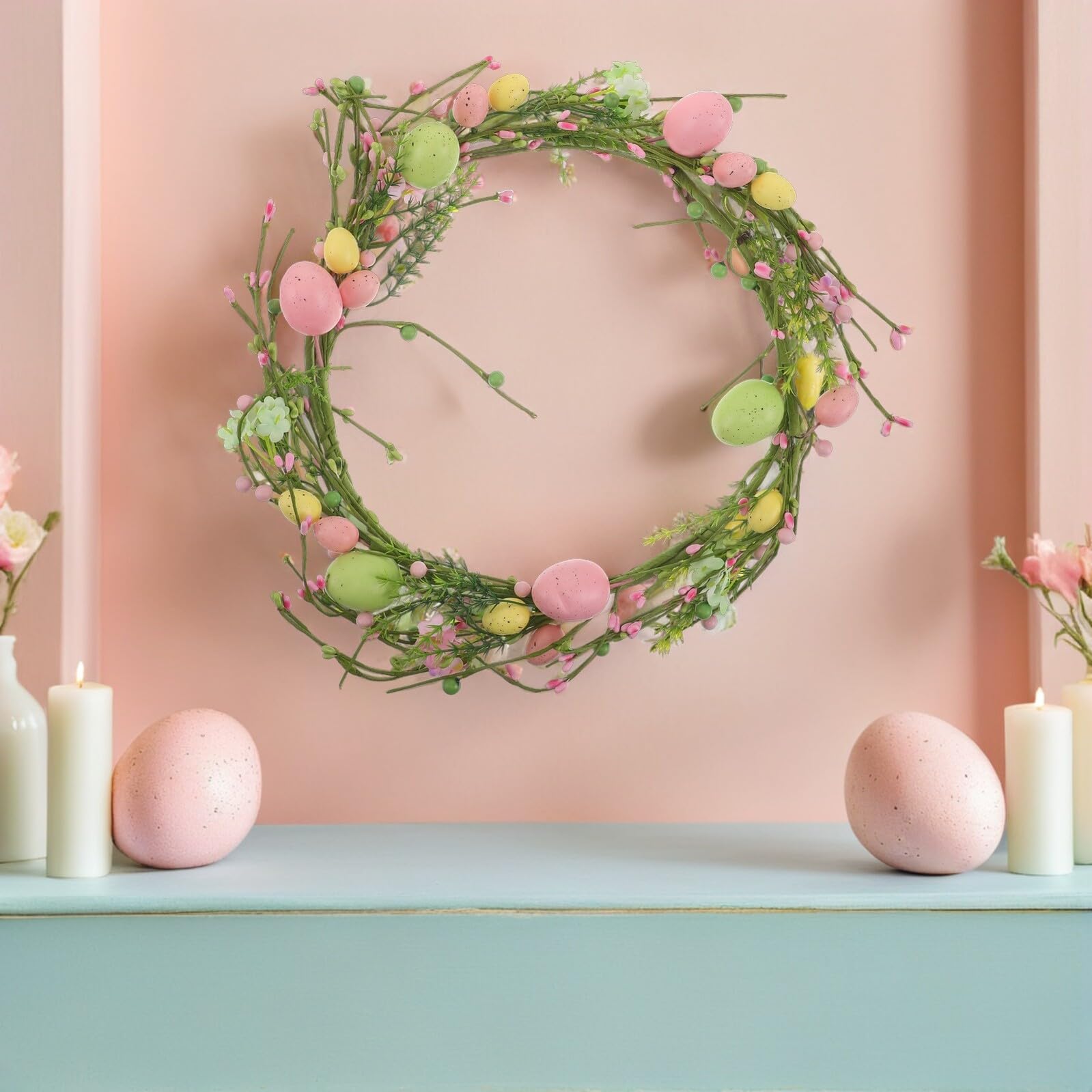 Ghirlanda Pasquale Artificiale con Uova e Bacche, Decorazione da Appendere per Porta D’ingresso, Corona Primaverile Riutilizzabile per Feste e Ambienti Interni ed Esterni