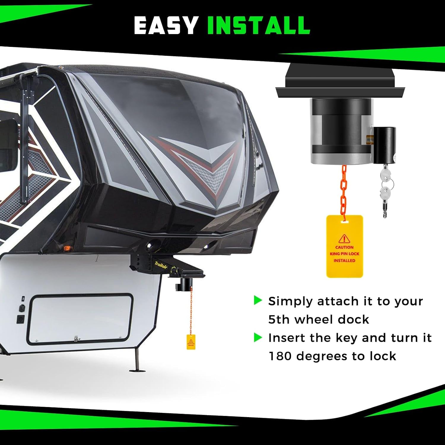 BYERN AUTO 5th Wheel King Pin Lock, Heavy Duty King Pin Lock with Anti-Theft Warning Tag & 2 Keys, Fifth Wheel Hitch Lock for RVs, Semi Trailers and Campers (Black)
