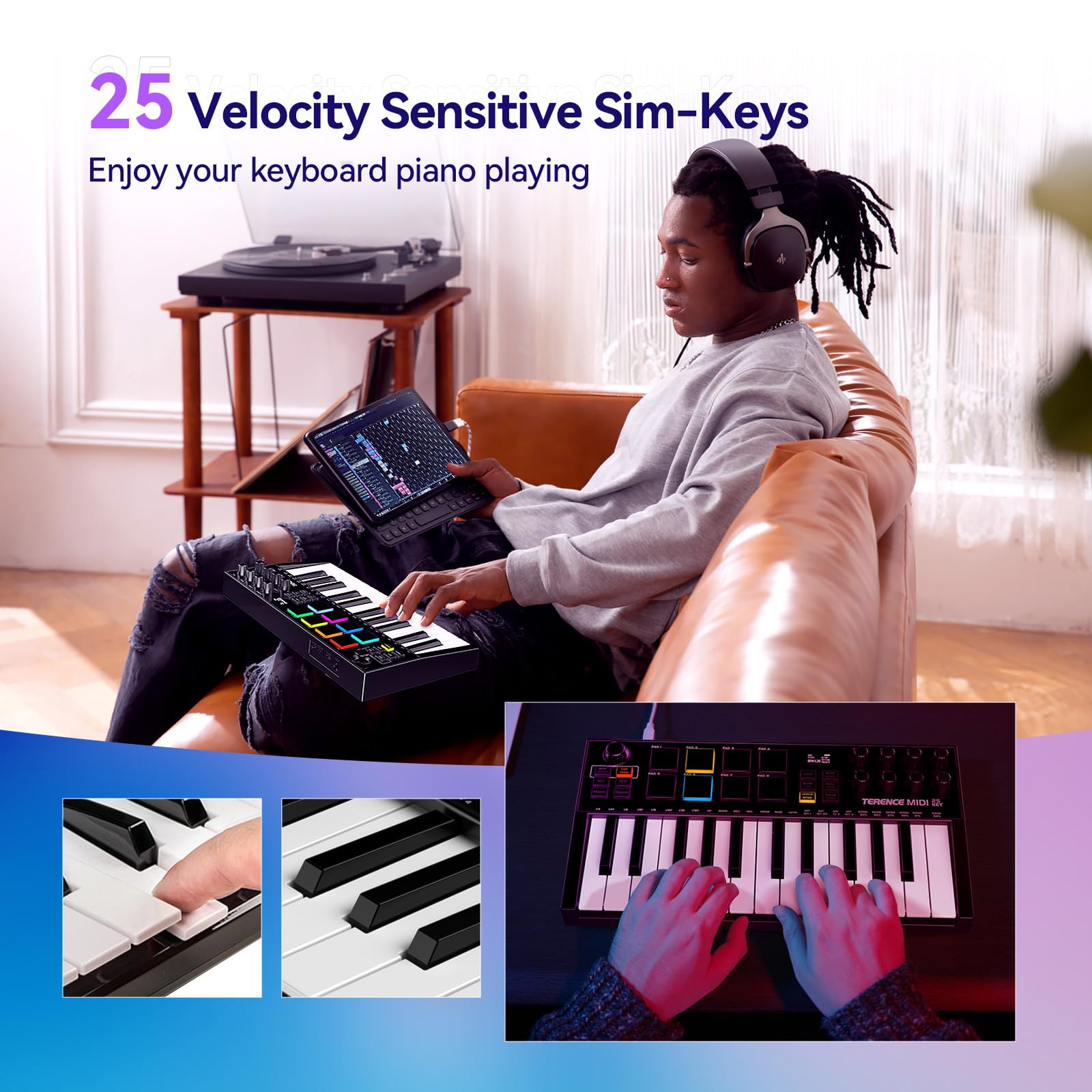 TERENCE Clavier MIDI de 25 Touches Professionnel MIDI Keyboard Contrôleur 500 mAh 8 Pads RGB Bouton Rotatif à 360° Sans Fin 8 Boutons Assignables Écran OLED Compatible avec Plusieurs DAW et Appareils