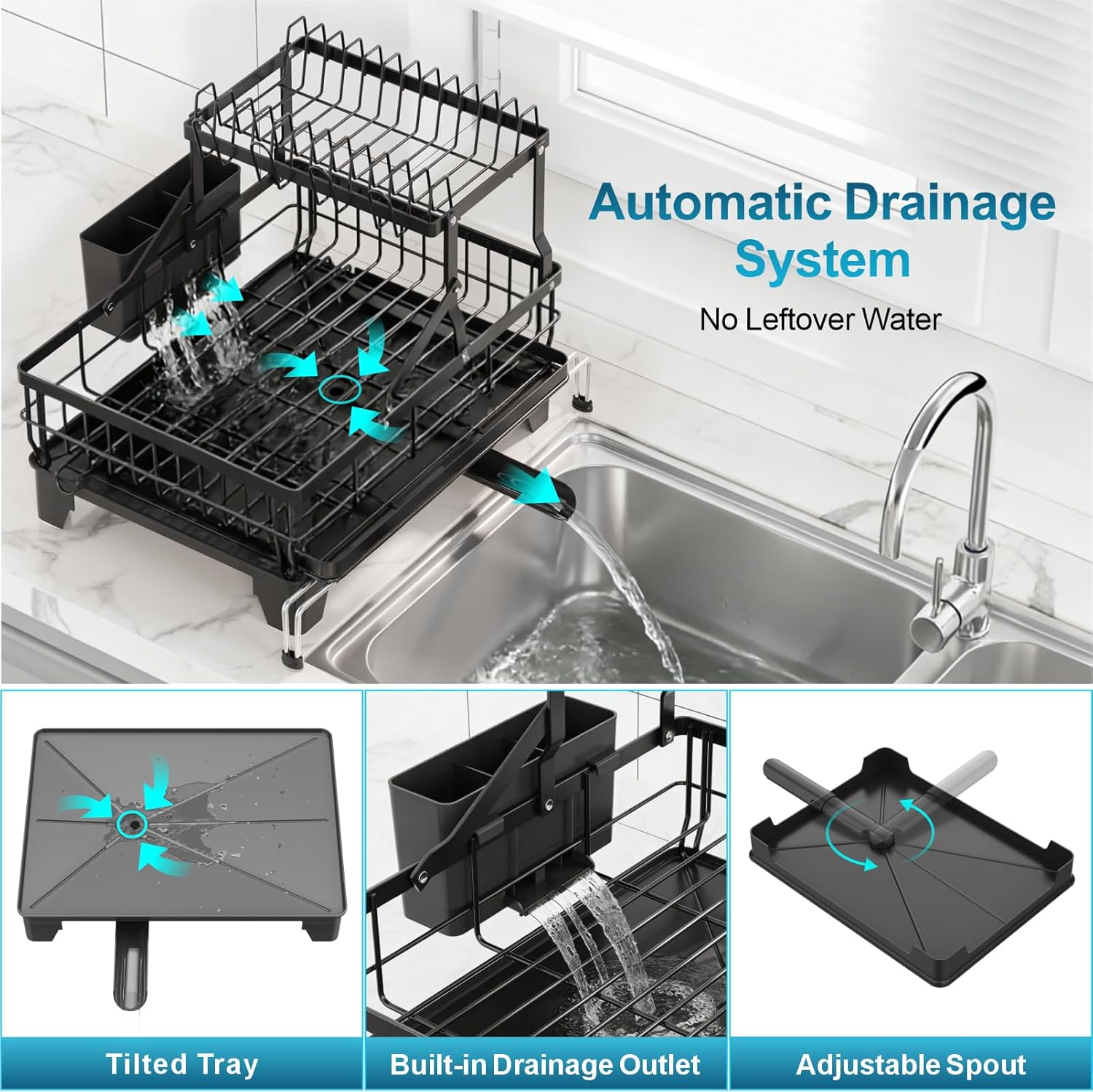 GSlife Large 2 Tier Dish Drying Rack, Expandable Heavy-Duty Dish Rack for Kitchen Counter, Rust-Resistant Dish Drainer with Utensil & Cup Holder, Auto-Drain, 16.9" W x 14.4"-22.4" L, Black