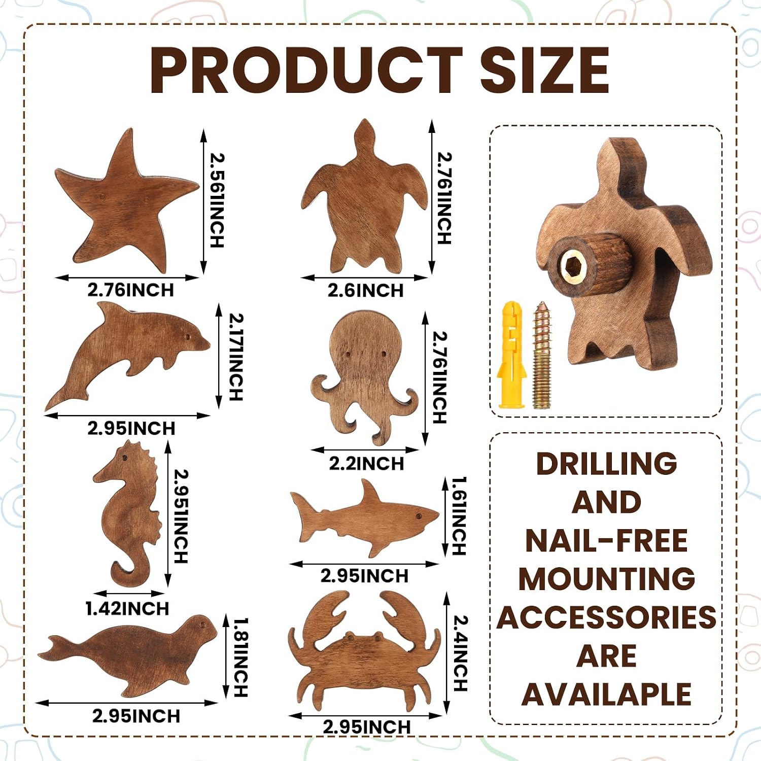 Beeveer 8 Pack Sea Life Kids Coat Hooks Wall Mount Wooden Coat Rack for Kids Room Nursery Wood Wall Hooks for Hanging Hats, Backpacks, Towels, Keys and Clothes