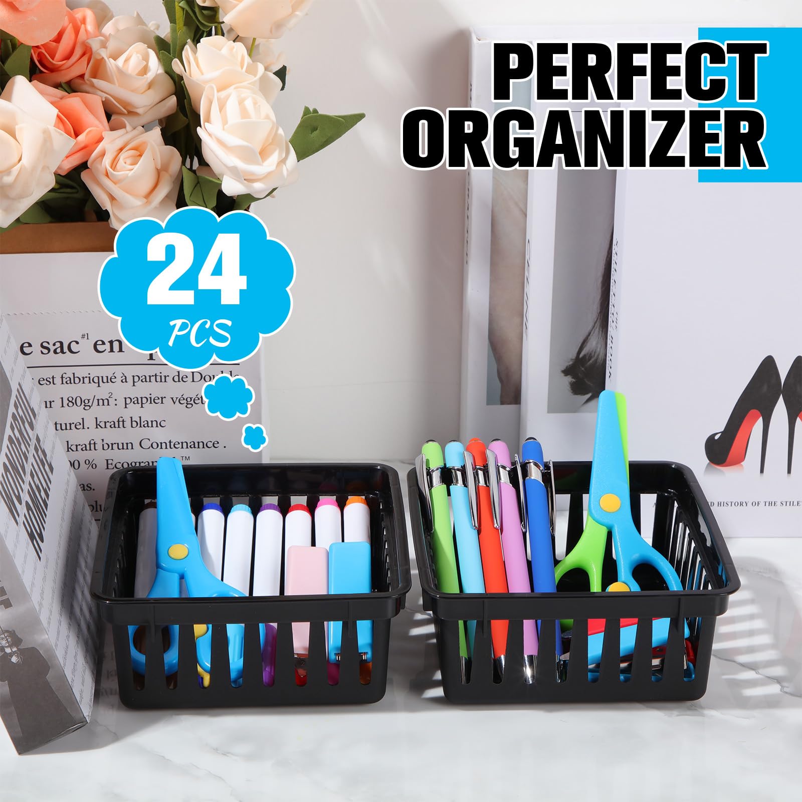 Tatuo 24 cestini piccoli in plastica per organizzare pastelli, matite, contenitori organizer per il rientro a scuola, regalo, ufficio, scrivania, cassetto casa, 13 x 13 x 6 cm (nero)