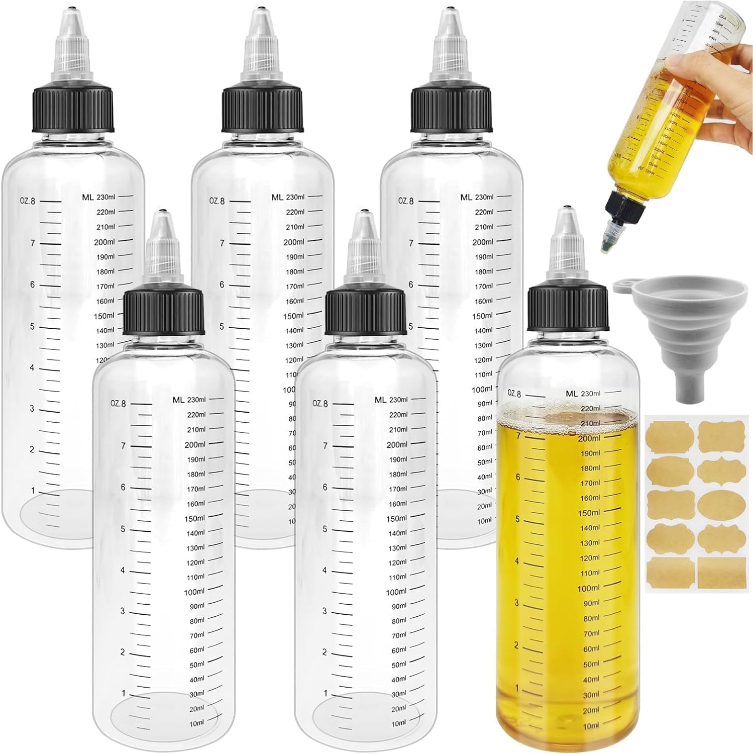 Realure 6 Pcs Squeezy Bottles with Nozzles & Scale & Labels & Screw Cap Funnel 250ml/8oz Transparent Dosing Bottles for Liquid Spices Sauce Oil Soy Vinegar