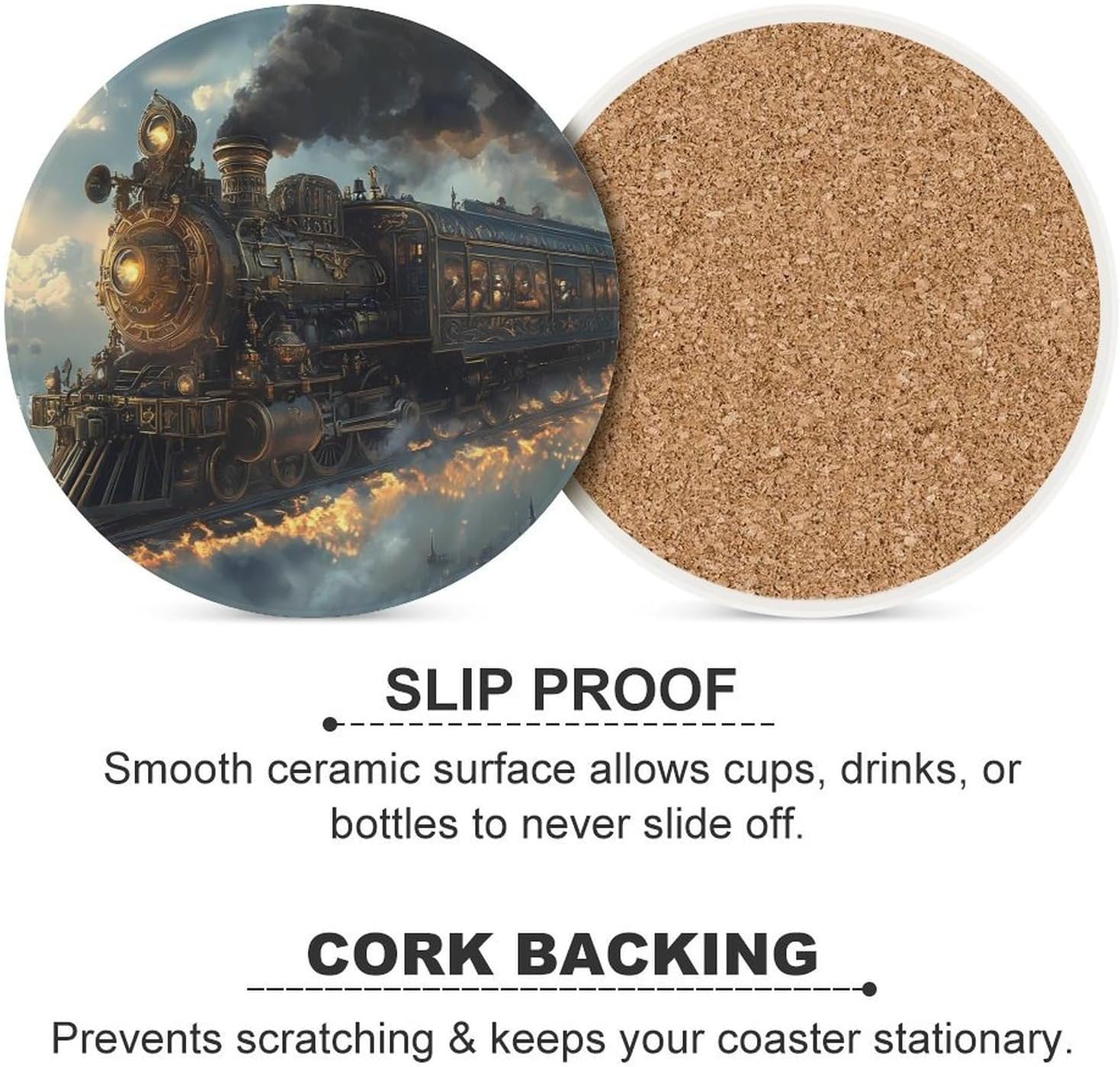 Steam Punk Train Round Ceramic Coasters Print Drinks Absorbent with Cork Base for Home Decor Gifts 4 Inch