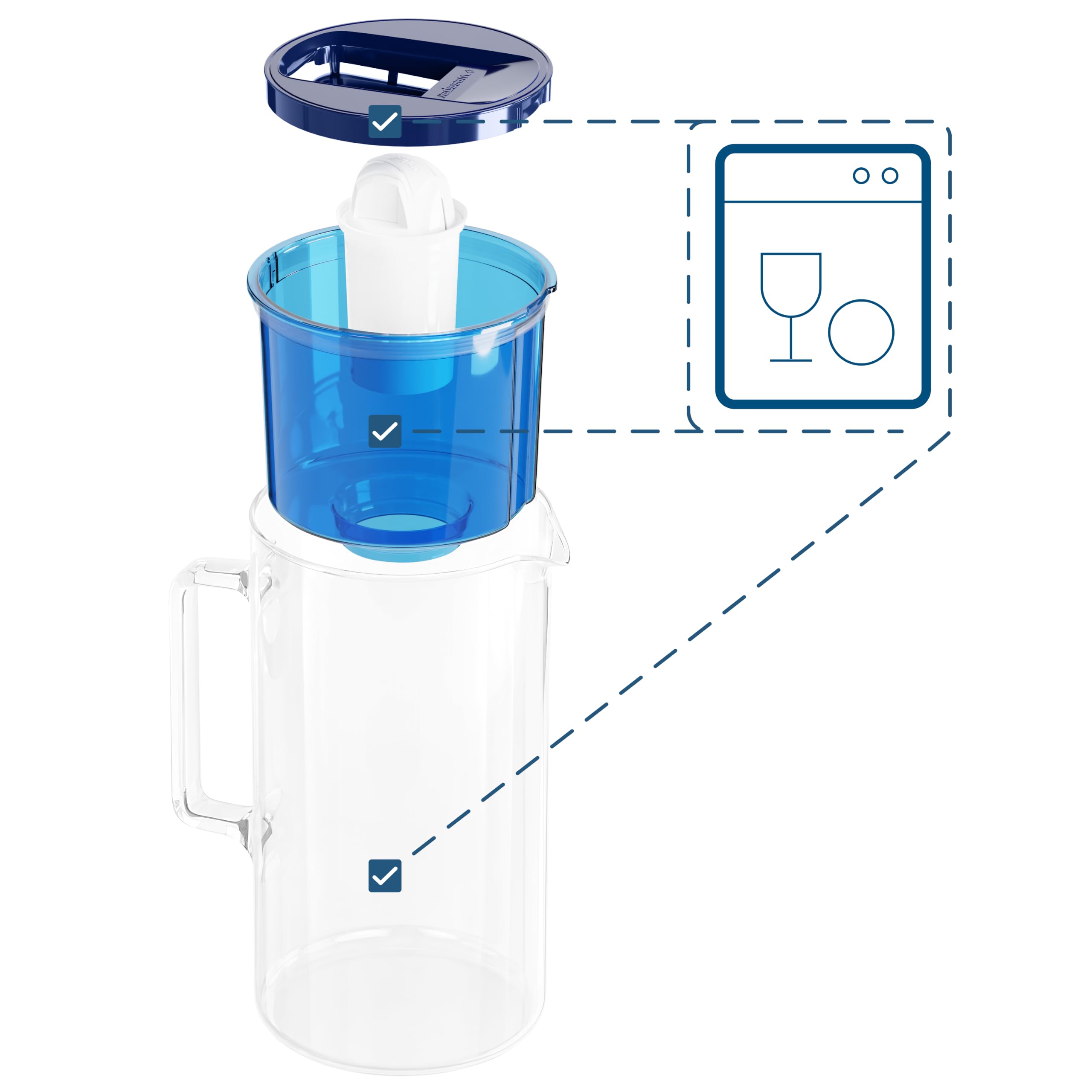 Wessper Carafe En Verre Avec 1 Filtre À Eau (Compatible Avec Brita Classic), Eau Filtrée Avec Grand Goût Et Pureté Réduit Les Dépôts De Calcaire Et De Chlore 3 Litres, Bleu
