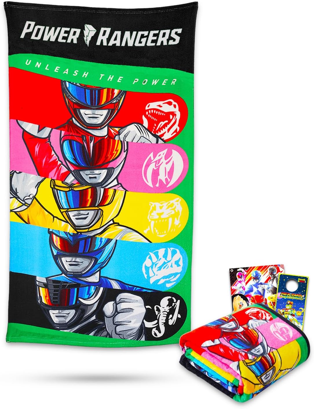 Power Rangers Towel Set for Kids - Bundle with 27" x 54" Towel, Tattoos, Stickers and More | Power Rangers Pool and Bathroom Set