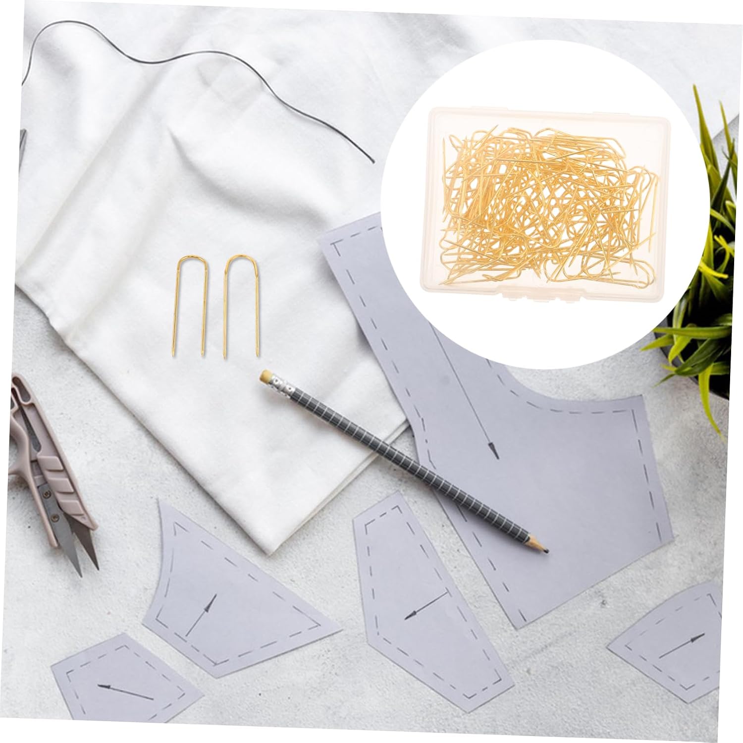 DOITOOL 100Pcs U Shaped Sewing Pins Double Pointed Quilting Needles for DIY Craft Home Decoration Golden Metal Fork for Positioning Portable Box Included