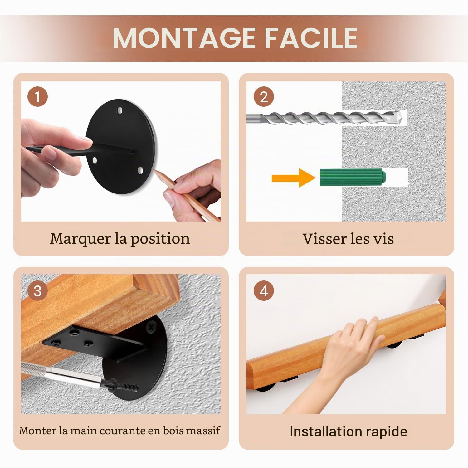 Main courante en bois de pin, 200 cm, rampe d'escalier murale, semi-circulaire, main courante en bois antidérapante, avec supports muraux, matériel de montage, noyer clair