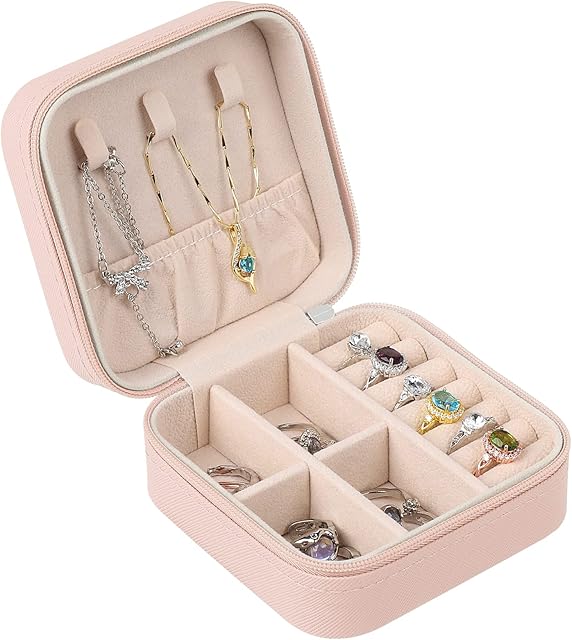 Mardiko Travel Jewellery Box for Women Girls, Jewellery Organiser Small Jewelry Box Mini Travel Jewlery Case, Jewellry Storage for Necklaces Rings Earrings Bracelets, Pink