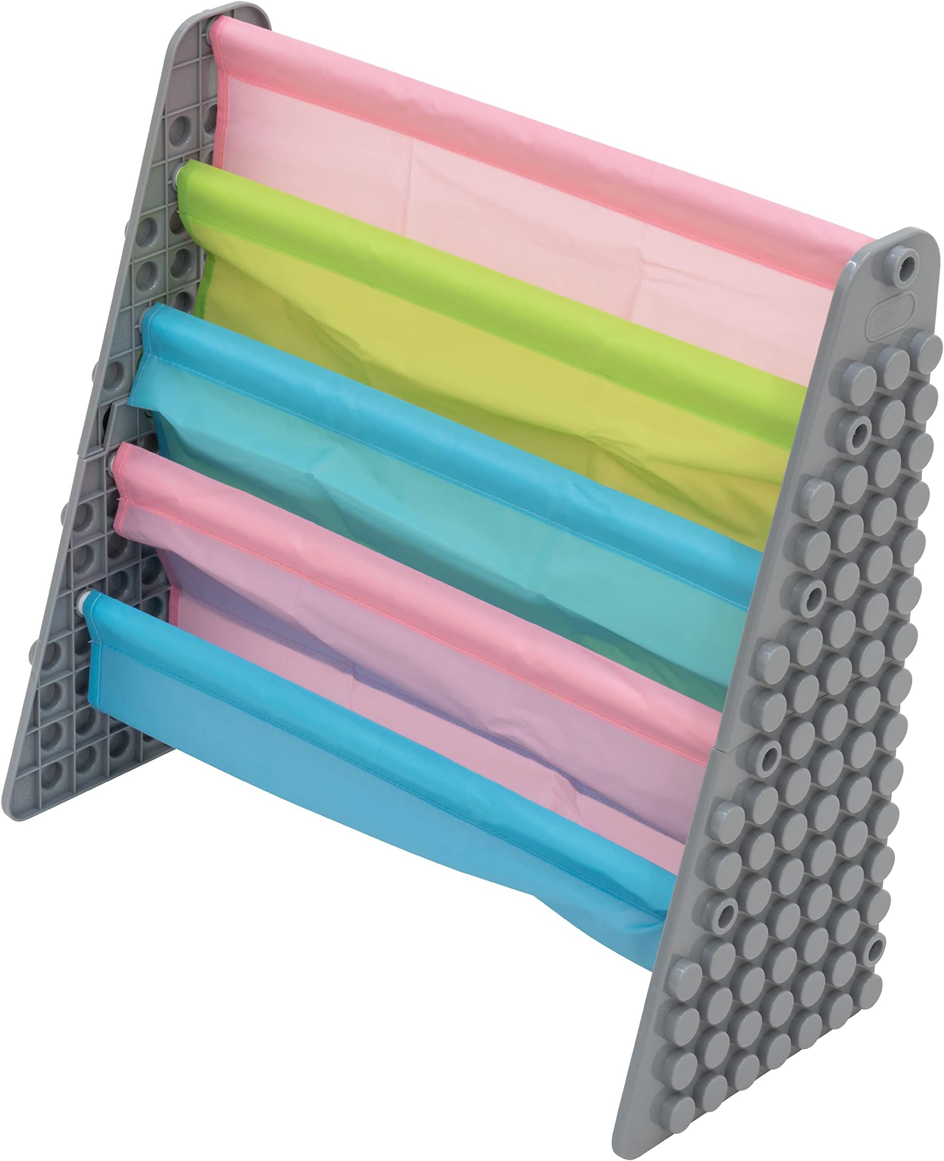 UNiPLAYKids 4-Tier Book Storage Organizer with Sling Book Pockets, Plastic Sling Rack Bookshelf for Playroom, Fits Blocks, Gray/Pastel