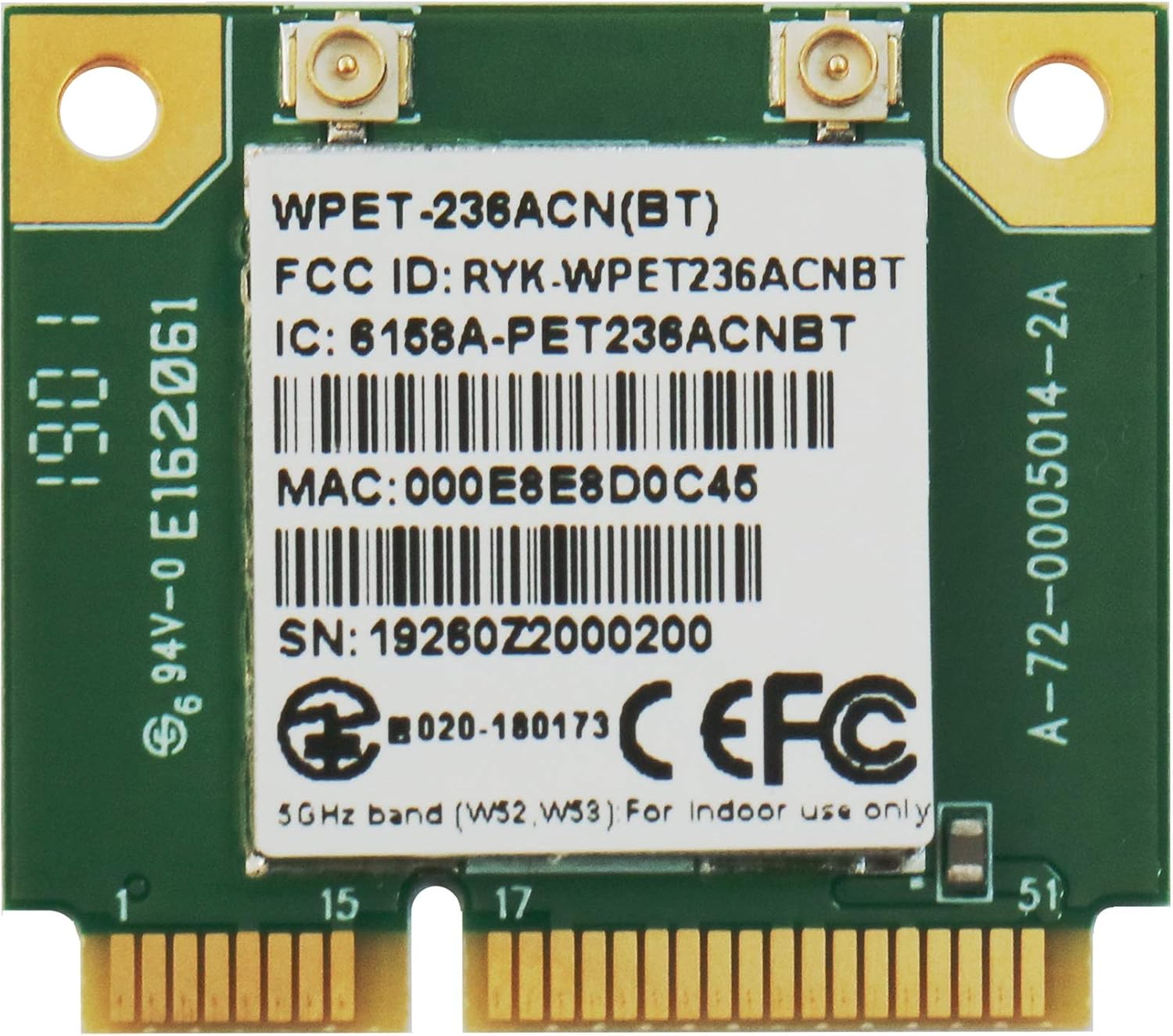 WPET-236ACN(BT) 802.11ac/a/b/g/n Wi-Fi+Bluetooth Half Mini PCIe Module, Realtek RTL8822BU-CG, 2T2R