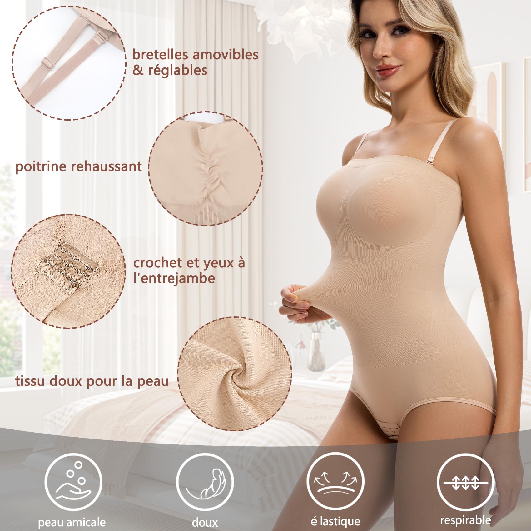 ONEW Body Gainant Bandeau sans Bretelles Femme Body Sculptant Ventre Plat avec Bretelles Spaghetti Amovibles Gaine Amincissante Invisible Shapewear Bodysuit Body Shaper