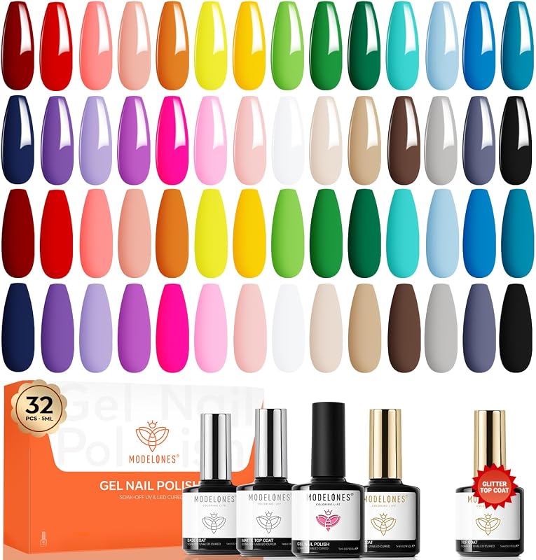Nude Gel Nail Polish Set Glitter 32PCS 28Colors Red Blue Green