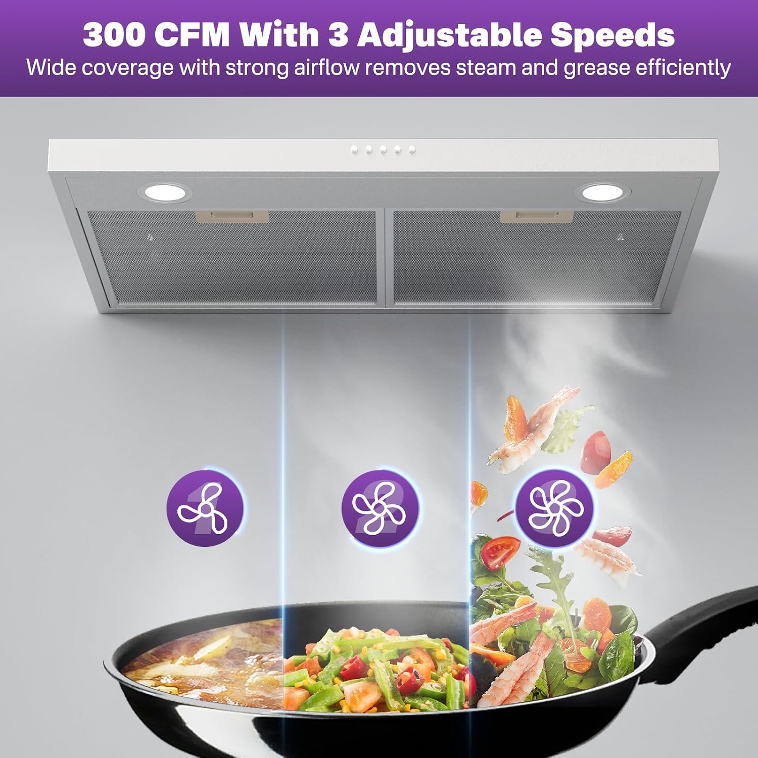 30 Inch Under Cabinet Range Hood, Ultra-Slim Ductless Vent Hood with 300 CFM Fan, LED Lights, 3-Speed Exhaust, Stainless Steel Kitchen Hood with Charcoal & Mesh Filters