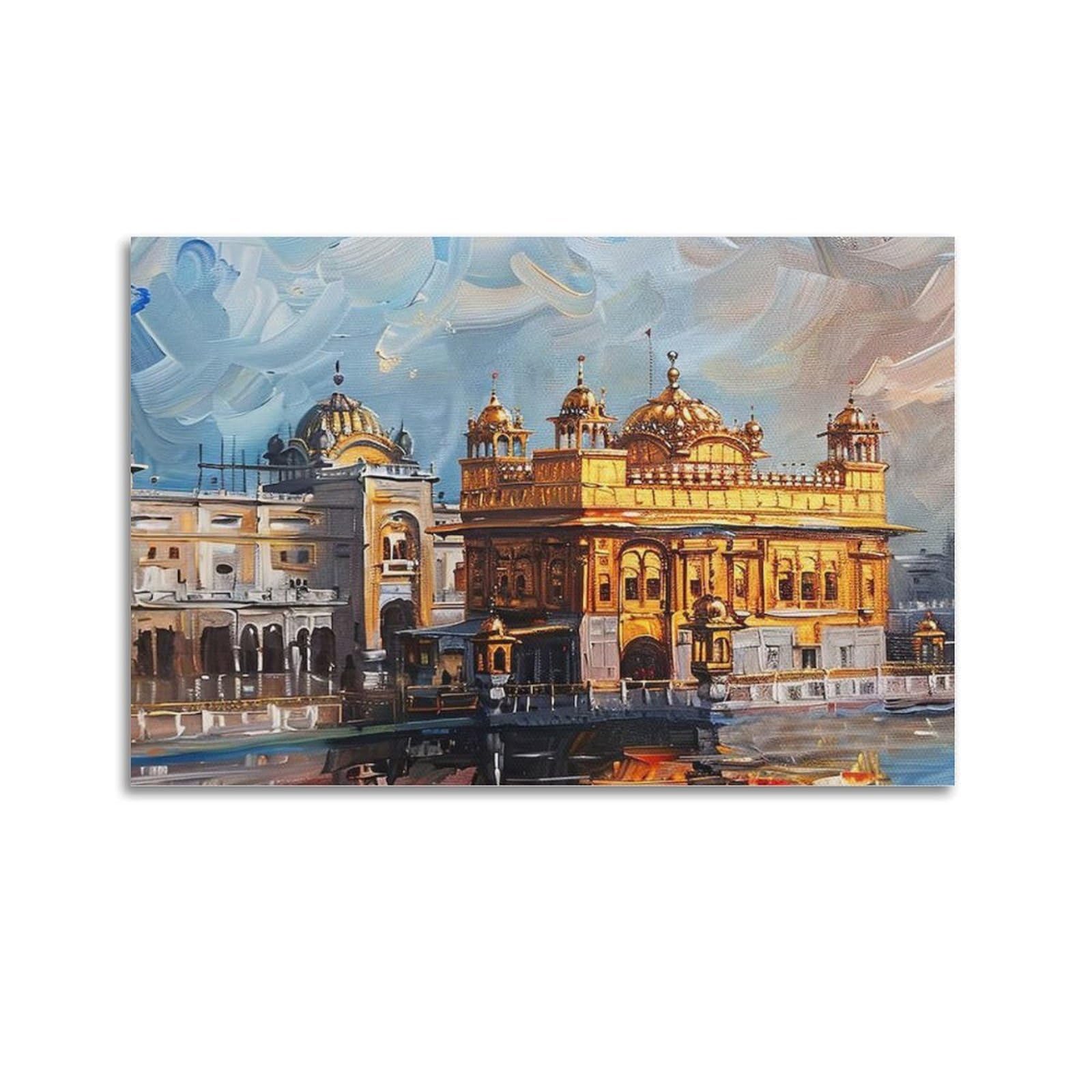 Jiduhon Unframe-Style Scenery Poster Textured Golden Temple By Lake Poster Modern Wall Art Canvas Aesthetic Decoration Painting 24X36inch(60X90cm)