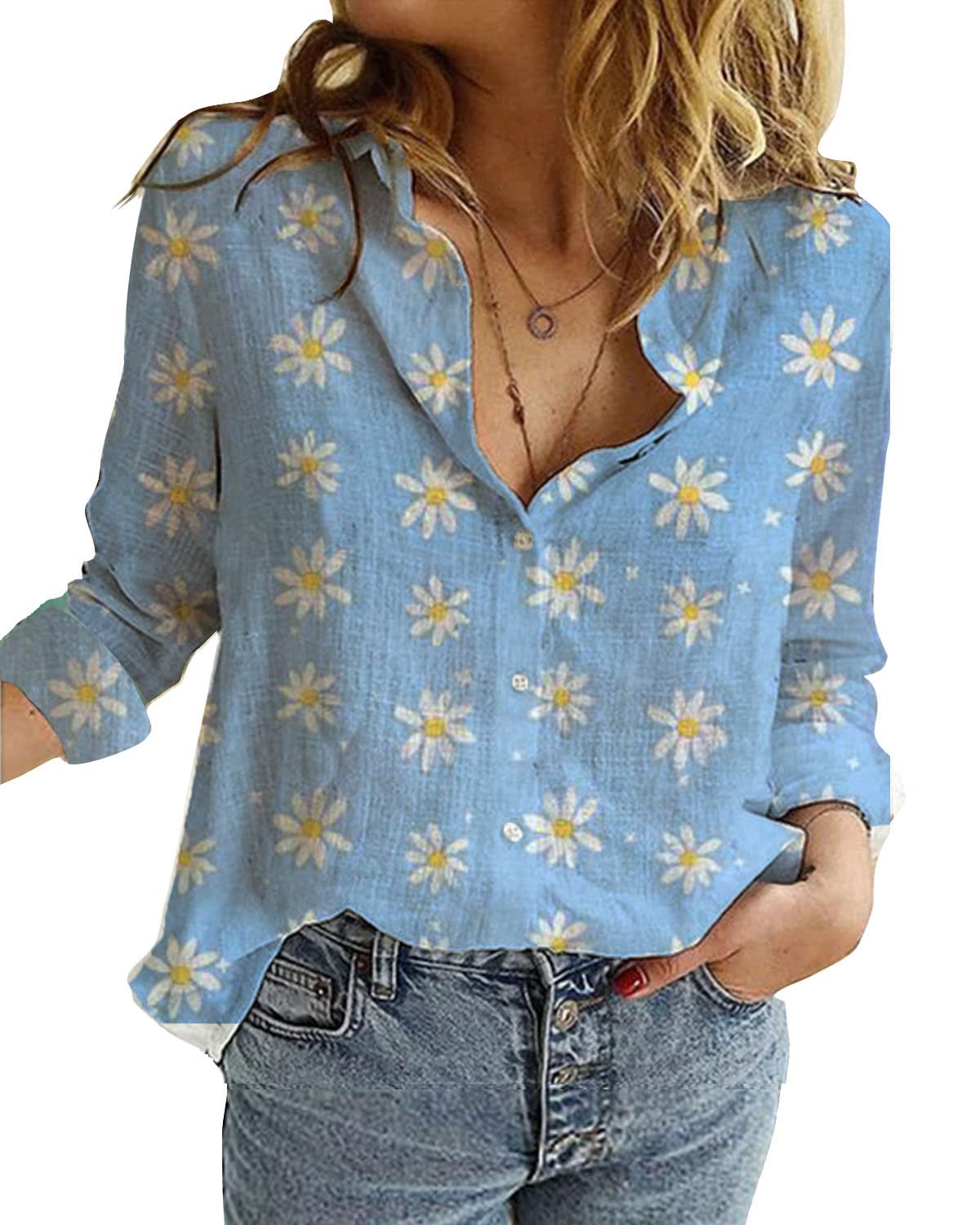 Livonmone Women's Blouse Casual Long Sleeve Shirts V Neck Button Down Basic Loose Tunic Tops (Blue-2, XXL)