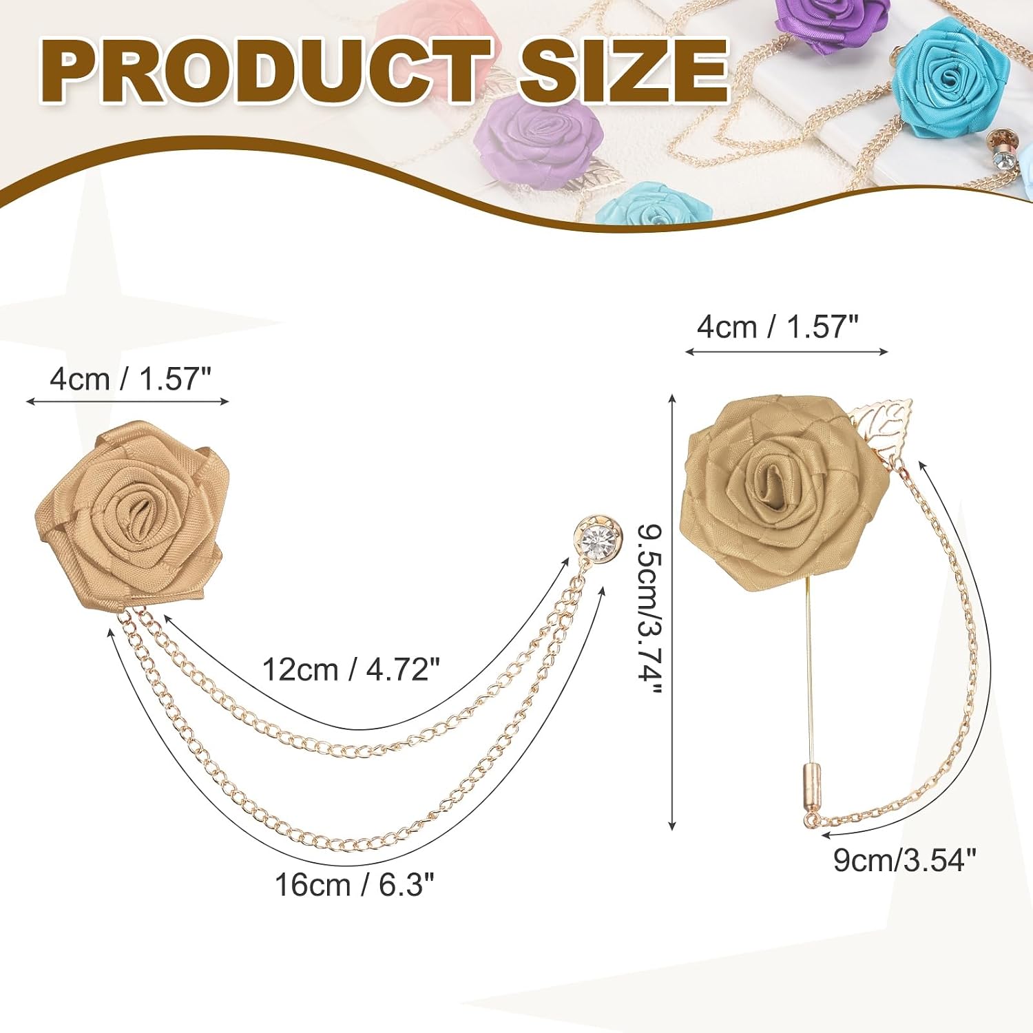 PATIKIL Rose Flower Lapel Pin for Men, 2 Style Solid Cloth Rose Brooch Kit Gold Leaf Boutonnieres Stick Brooch for Men Suit