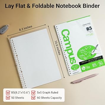 KOKUYO Smart Ring Binder Notebooks, Clear B5 Refillable Notebook, 20 Sheets Each, Plus Extra 50 Sheets 5x5 Graph Loose Leaf Papers, 60 Sheet Capacity, Perfect for School & Work