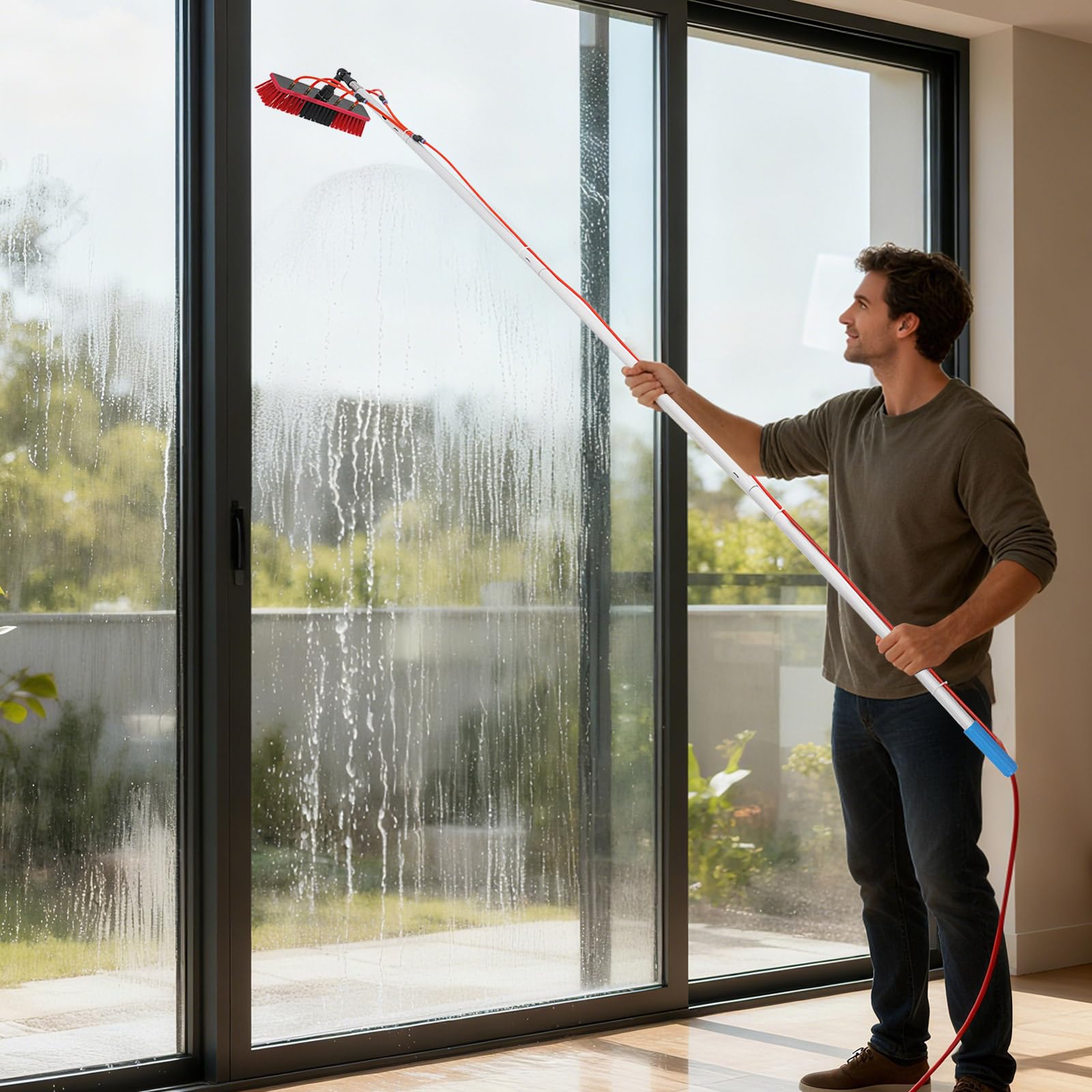 Cepillo de lavado telescópico de 3 m – Limpiador de aluminio PV con conexión de agua y cabezal de cepillo de 35 cm, cepillo de limpieza solar para fotovoltaicos, ventanas, tejados de terraza