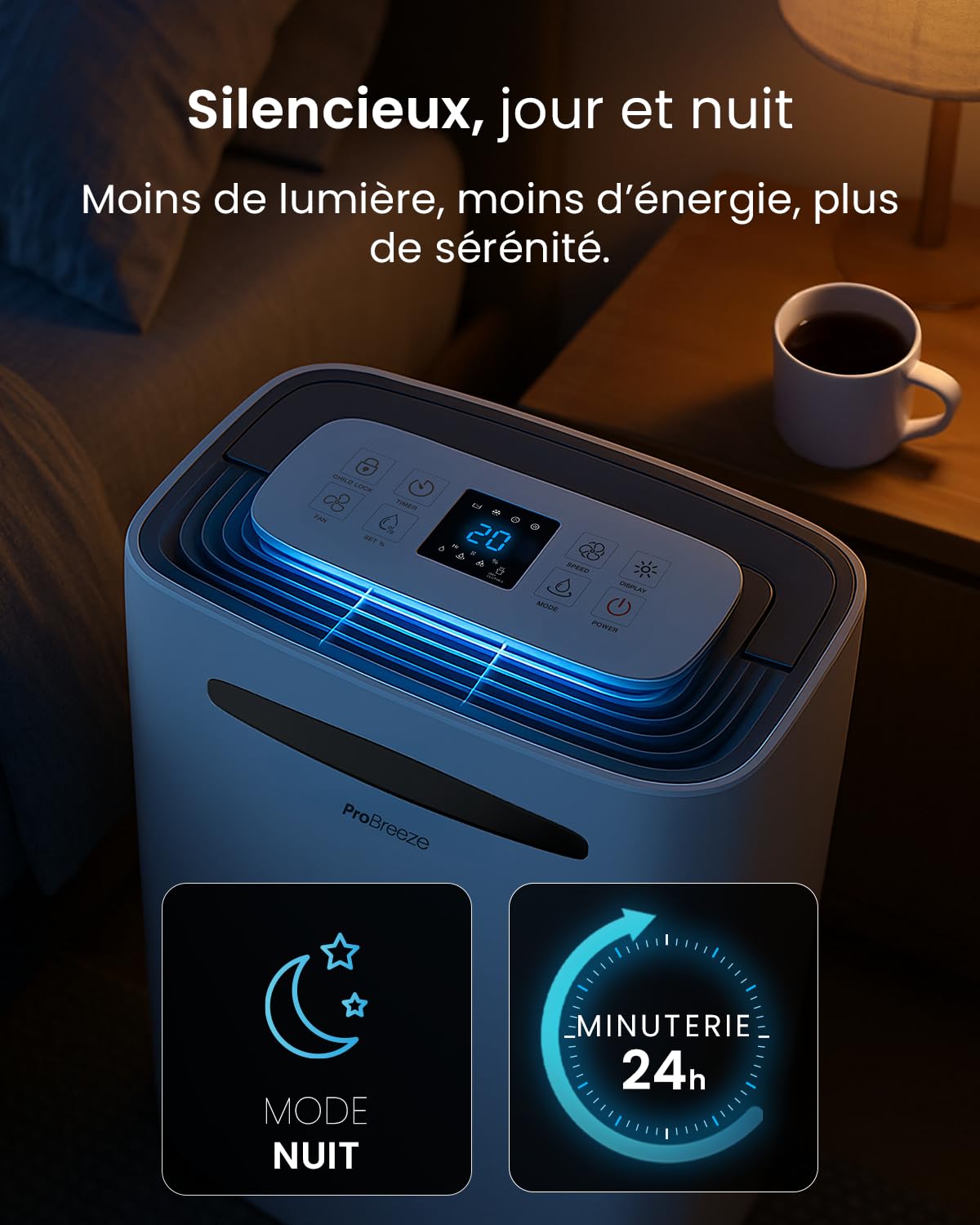 Pro Breeze Déshumidificateur d Air 20L/jour - Sèche-linge, Drainage continu, Minuterie 24h, Grand Réservoir 5,5L - Absorbeur d'Humidité Automatiqu, Éliminateur de Moisissure -pièces jusqu'à 53 m²
