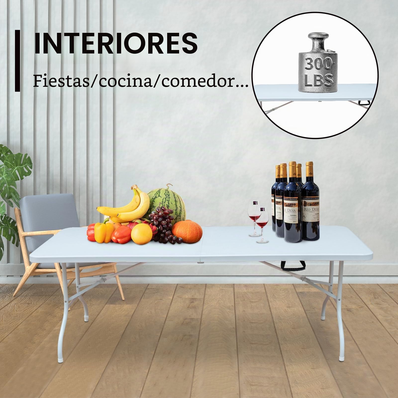 Mesa plegable de plástico portátil de 6 pies, mesa de comedor blanca resistente plegable por la mitad para campamento, fiesta, jardín, cena, cocina, trabajo, mesa superior interior y exterior