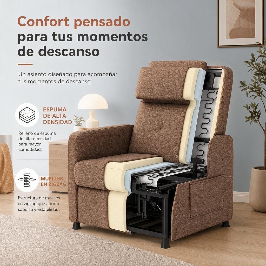 GarveeLife Sillón Relax eléctrico Masaje Calor Lino, 83x76x102 cm, Marrón | 4 puntos de masaje, calor lumbar, reclinación eléctrica 150°, mando con memoria, tejido lino y estructura de hierro en casa.