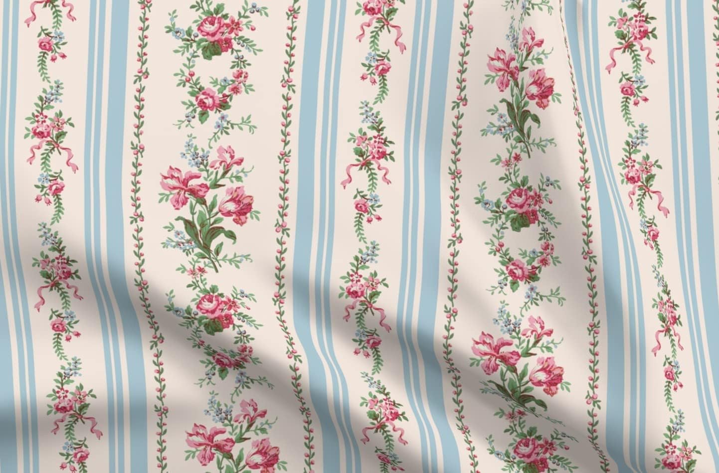 Spoonflower Fabric - Grandmillenial Floral Stripe Pink Cream Blue Shabby Chic Printed on Organic Cotton Sateen Fabric by The Yard - Sewing Quilting Apparel Home Decor