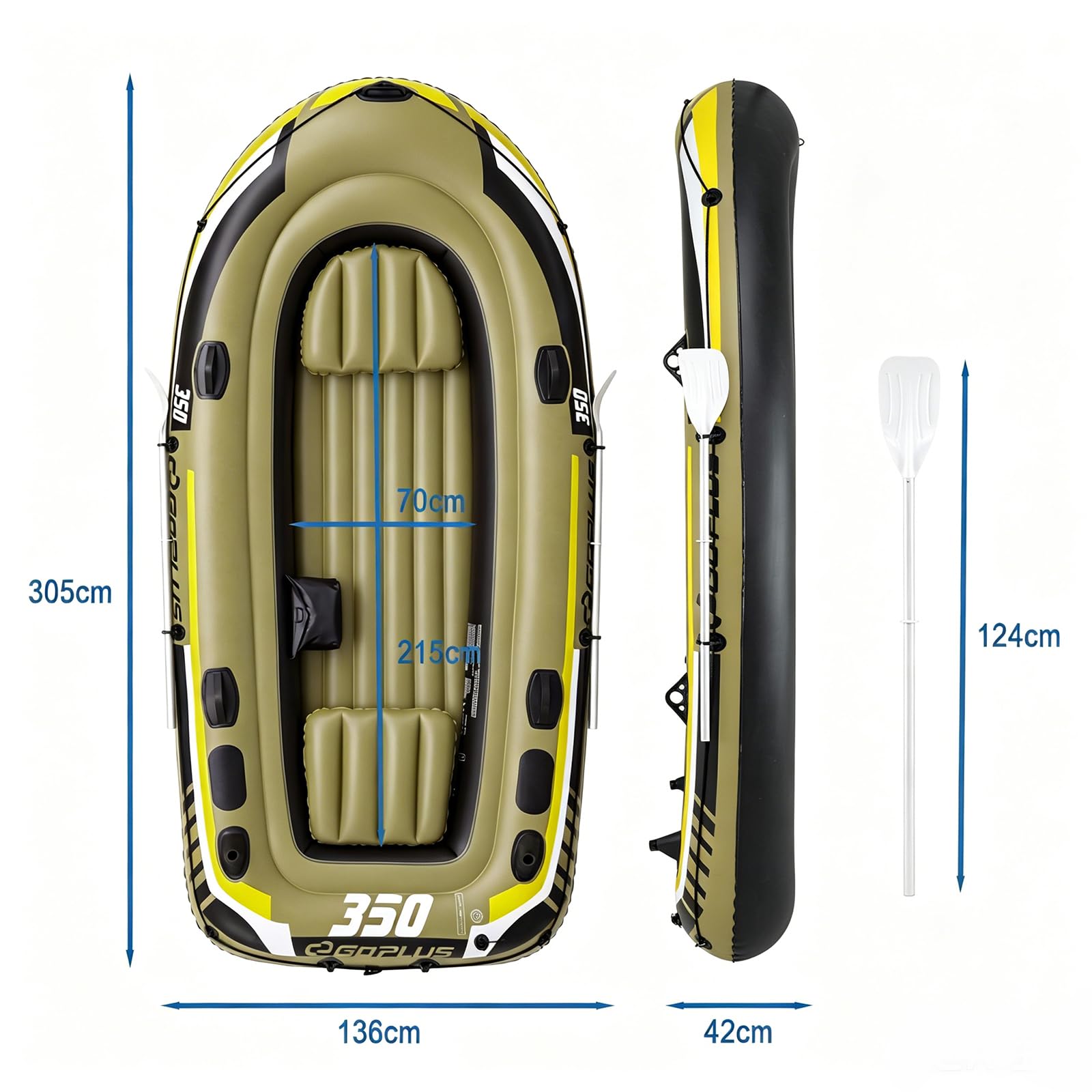 HOMASIS Aufblasbares Schlauchboot, Angelboot-Set für 3 Erwachsene & 1 Kind mit Edelstahlrudern, Pumpe, Sitzen, Aufbewahrungstasche, Rutenhaltern, Motorhalterung, für Wassersport, Paddeln