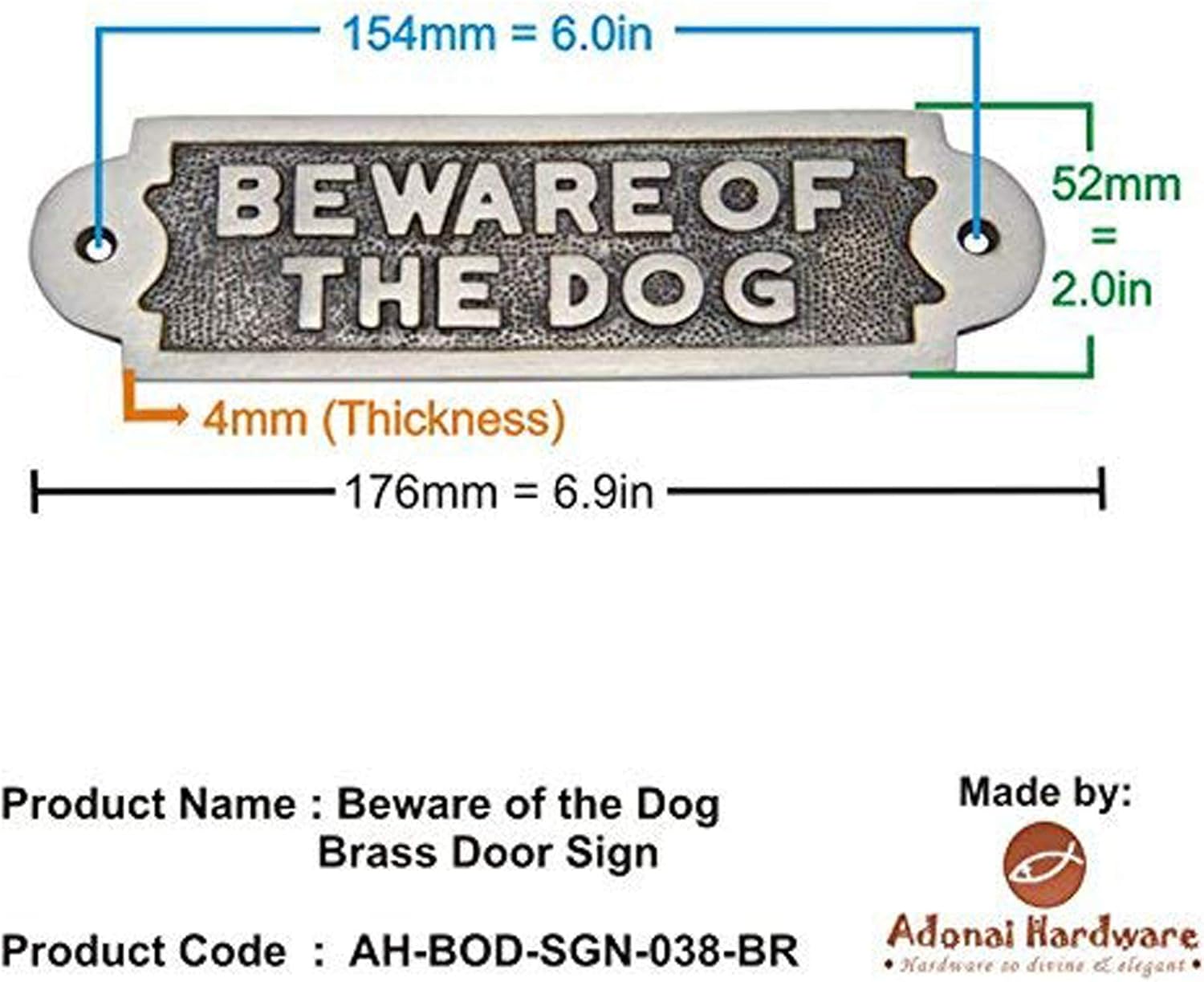 Adonai Hardware Beware of the Dog Brass Door Sign (Oil Rubbed Bronze)
