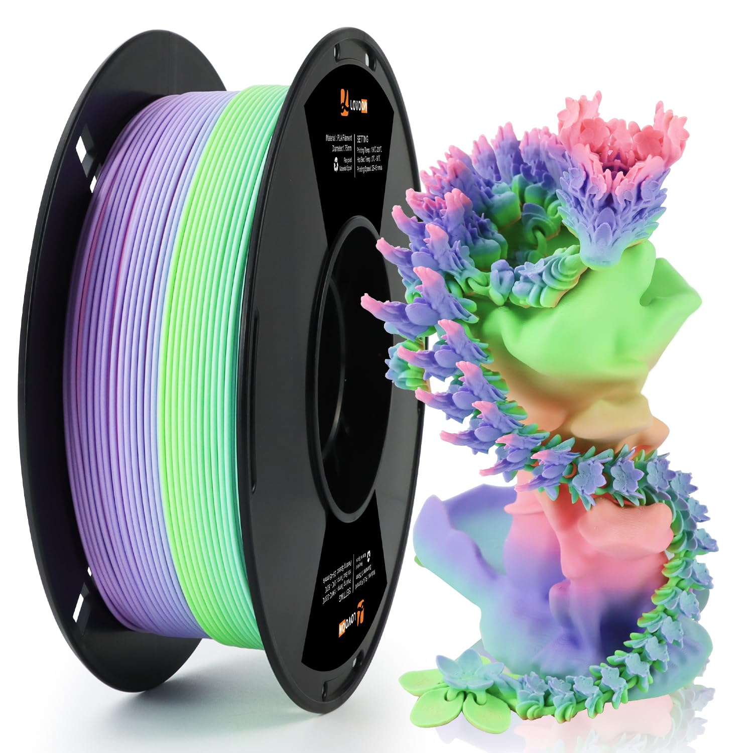 LOVOON Rainbow Gradient 3D Printing PLA Filament 1.75mm Color Shift by Length Multicolor Changing Filament Matte Blue/Green/Pink/Purple/Peach Fuzz, Fit Most 3D Printer&Pen,1KG(2.2lbs)/Spool