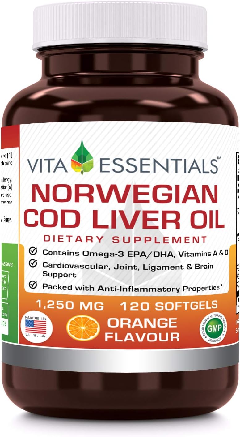 Vita Essentials Cod Liver Oil Orange 1250 Mg Softgels, 120 Count (Pack of 1)