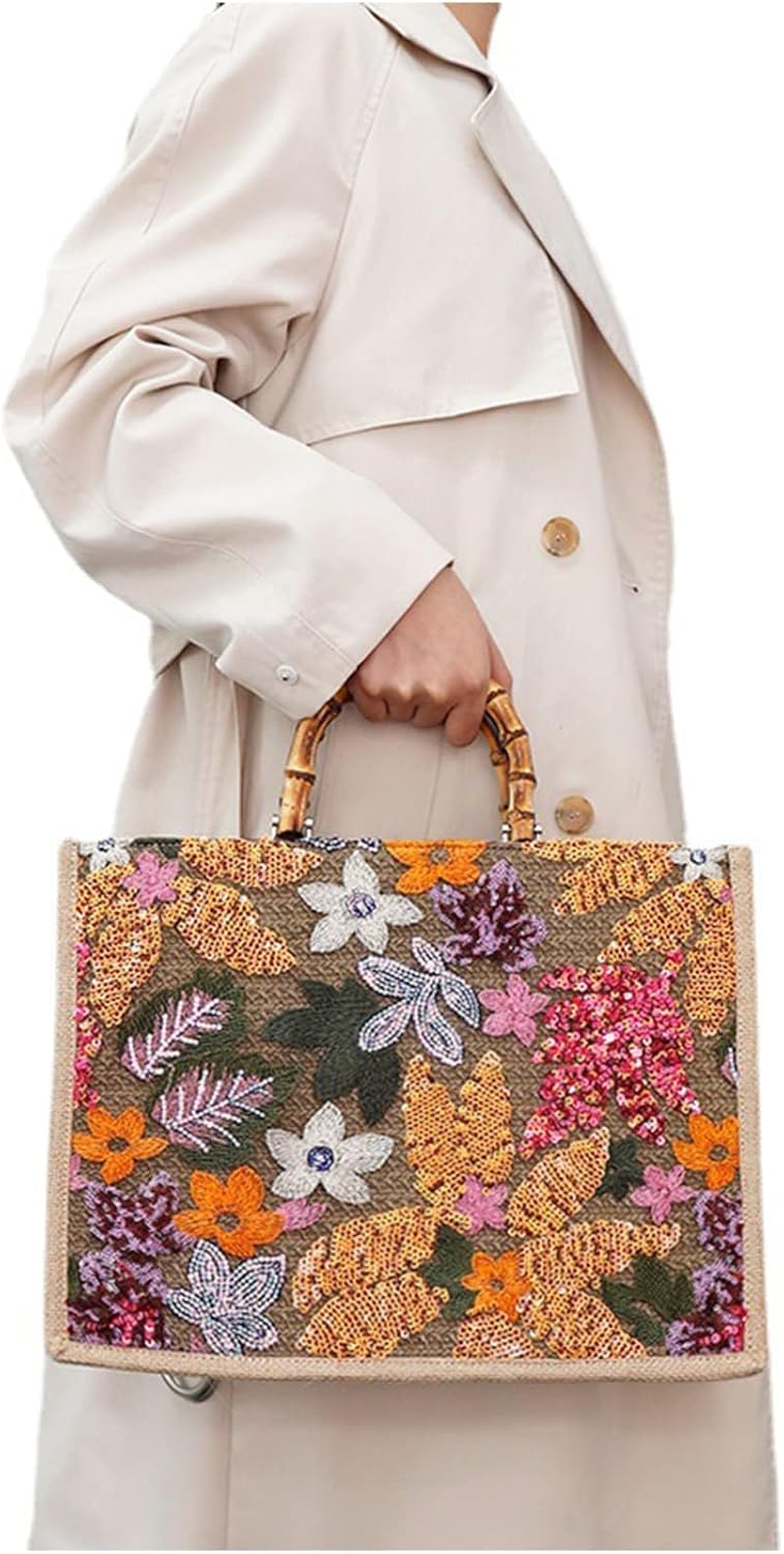 Tote Bag for Women, Beach Bag, Sequin Embroidery Straw Bag, Hand-Woven Bamboo Handle, Bohemian Handbag Large Capacity Shoulder Bag Suitable for Travel Daily - Image 8