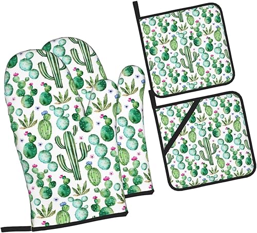 Miniatura 2 de Juego de 4 guantes de horno de cactus y soportes para ollas, juego de guantes de cocina con flores de cactus, resistentes al calor, plantas de
