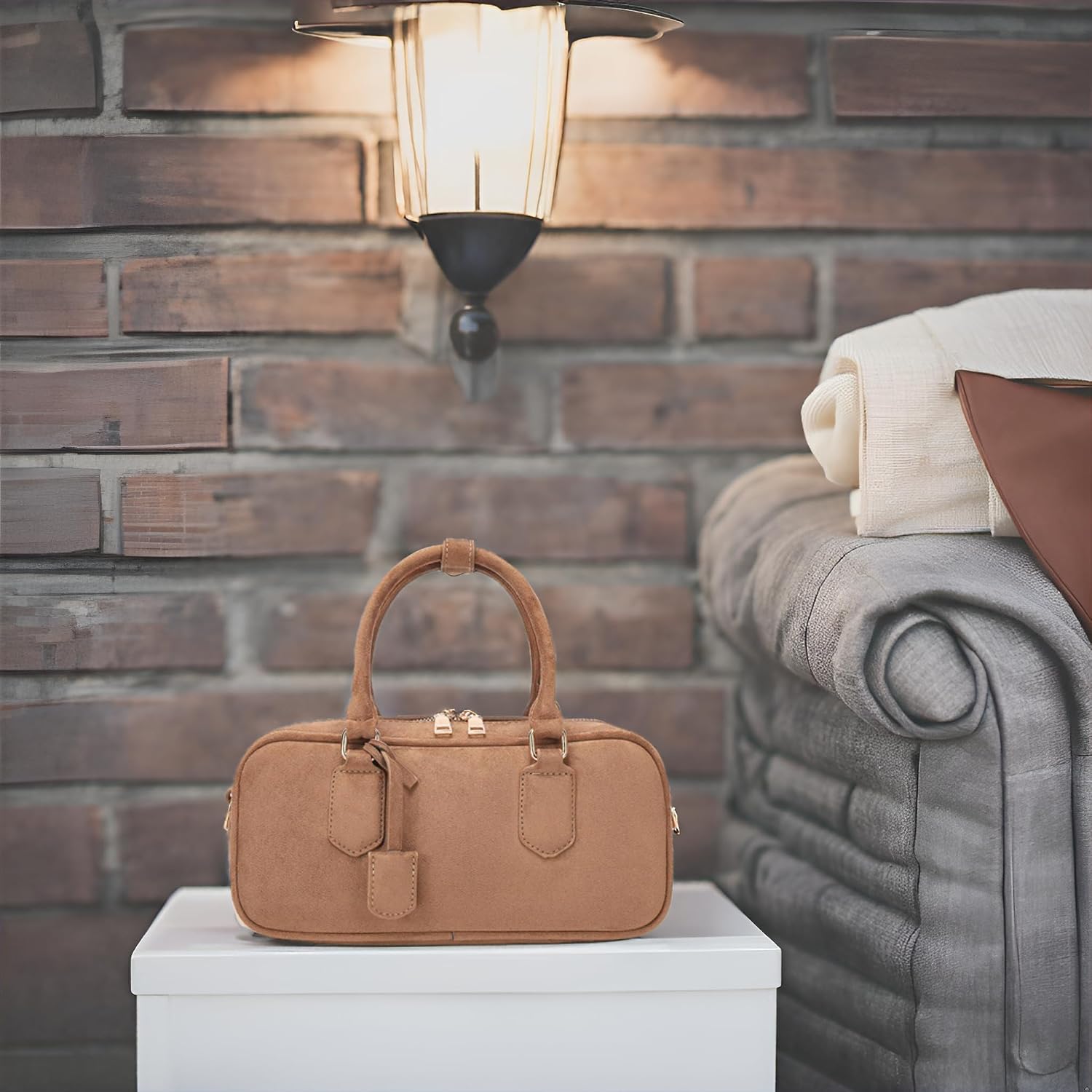 JOLLQUE Faux Suede Crossbody Bag for Women, Autumn Winter Handbags Purse, Fashion Small Designer Shoulder Barrel Bag