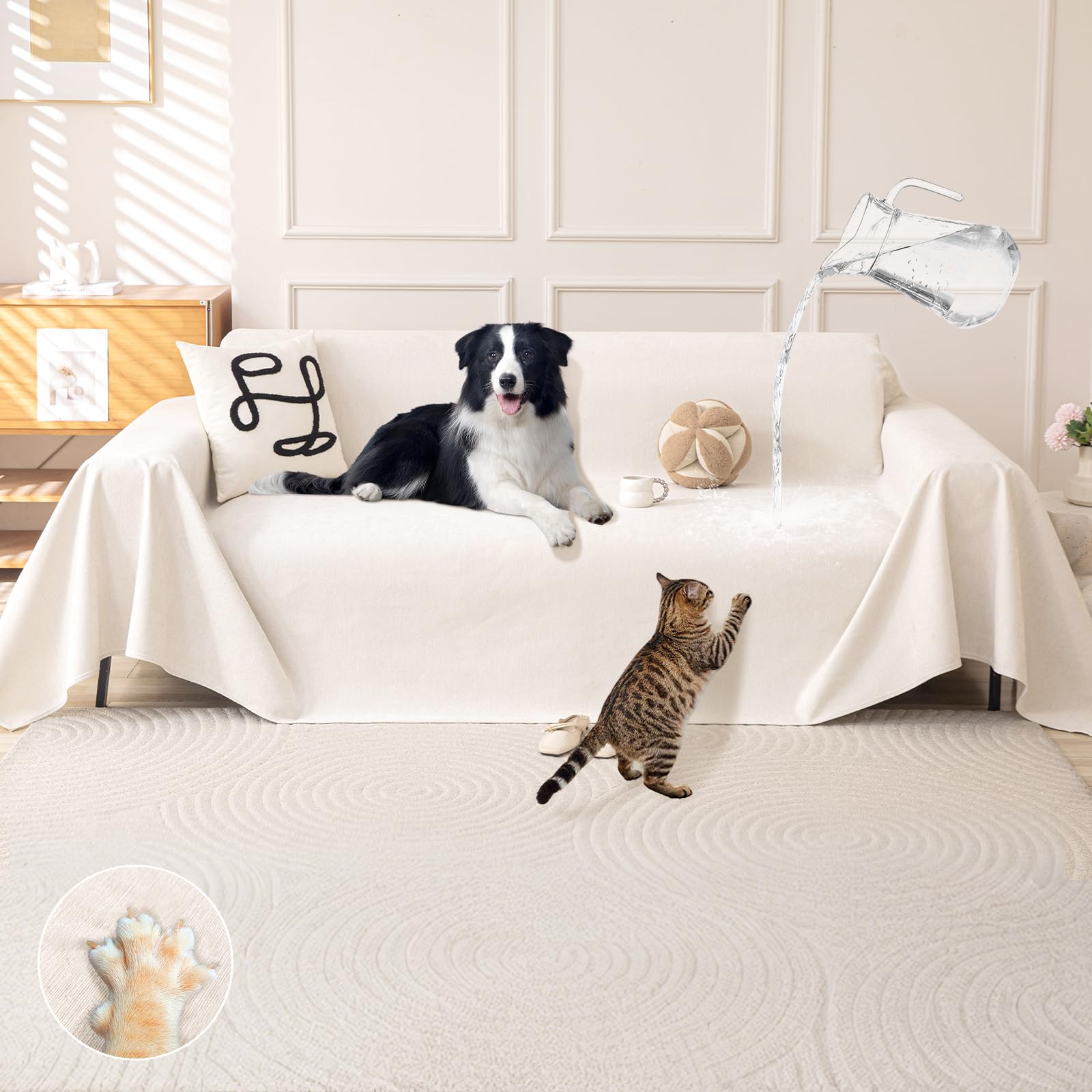 Royhom Impermeable Funda Sofa 4 Plazas, Cubre Sofa Impermeable, Fundas Sofá Chaise Longue​, Resistente a Arañazos de Gatos y Mascotas, Antideslizante, Blanco, 380x180 cm