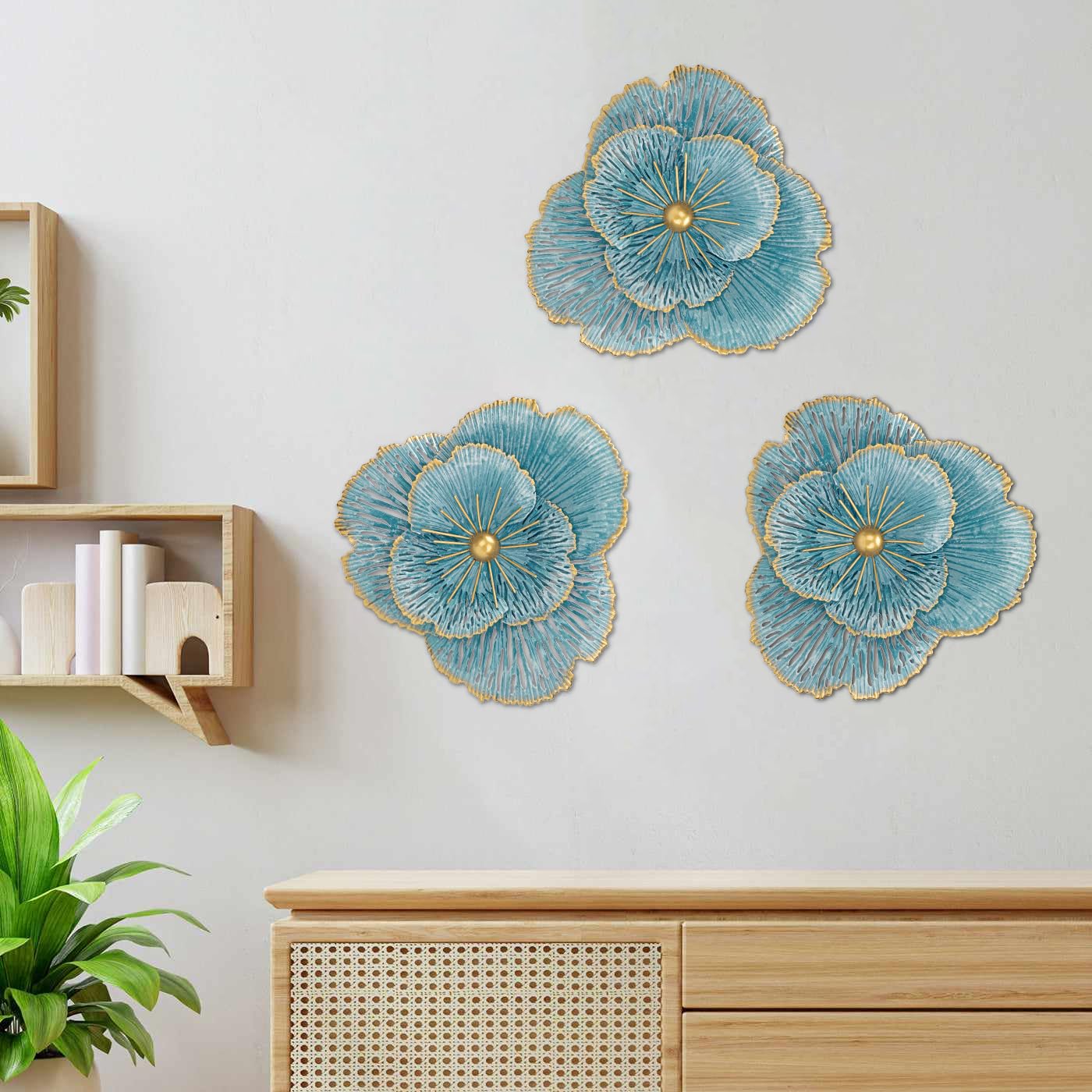 3er-Set Wandskulpturen Wandblume aus Metall Magnolie Wandschmuck Dekorationen 3D Metallbilder Modernes Antik-Finish für Haus Wohnzimmer Esszimmer Schlafzimmer Küche Korridor