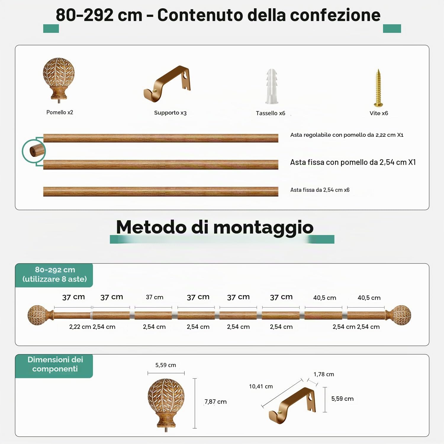 Bastone per tende per finestre, regolabile, in legno, 80-218 cm, 2,54 cm, resistente con finiture in finto legno con foglie, stile rustico Boho, colore legno naturale