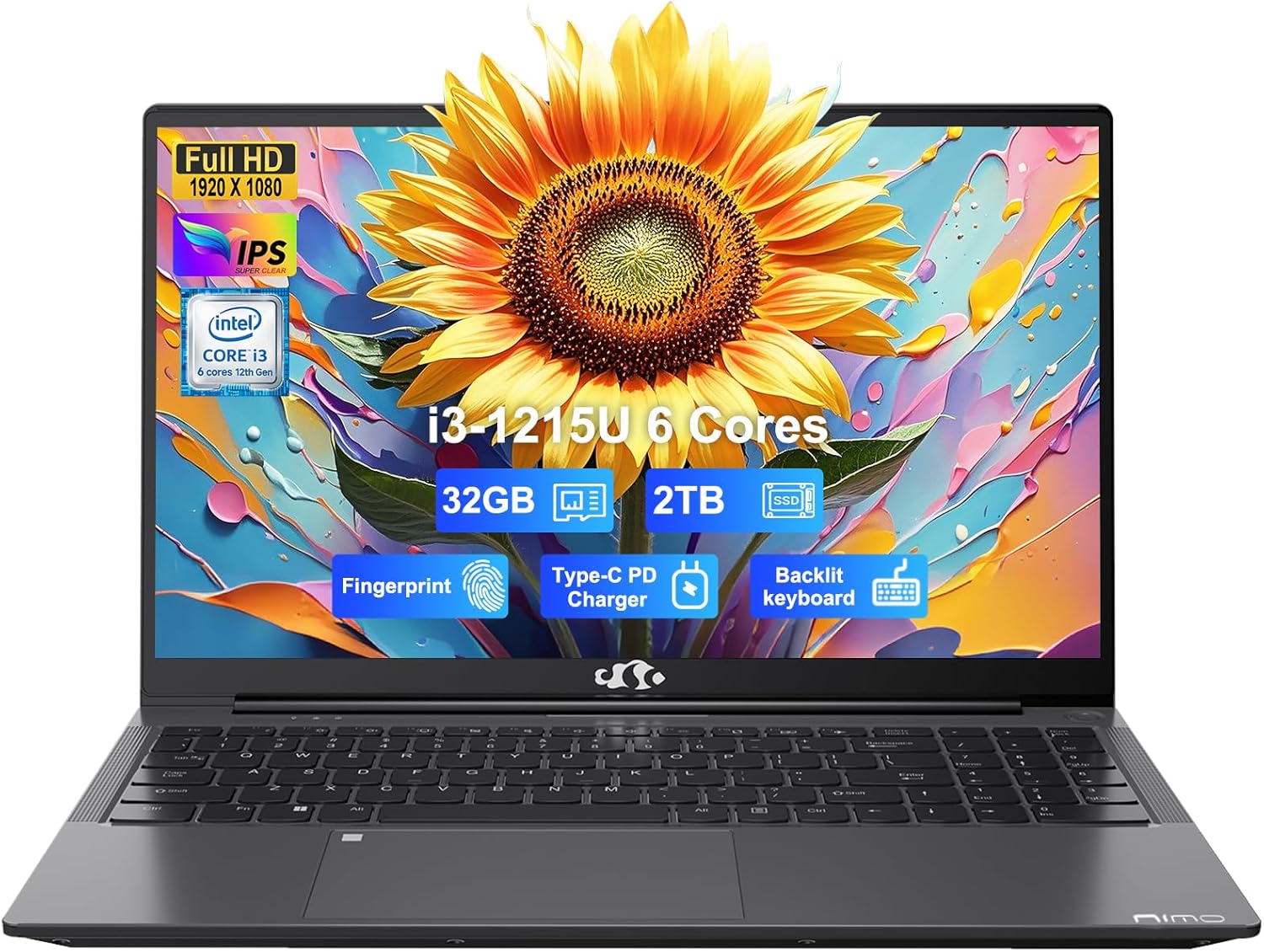 NIMO 15.6" IPS FHD-Business-Laptop, Intel 6 Core i3-1215U 32GB RAM 2TB SSD (Beat i5-1135G7, Up to 4.4GHz) Computer with 65W Type C Fingerprint Backlit Keyboard Wi-Fi 6 Numpad Win 11