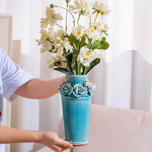 Miniatura 2 de Jarrón de flores azules de cerámica 3D hecho a mano para centros de mesa, floreros decorativos azules para recepción de boda, decoración del hogar,