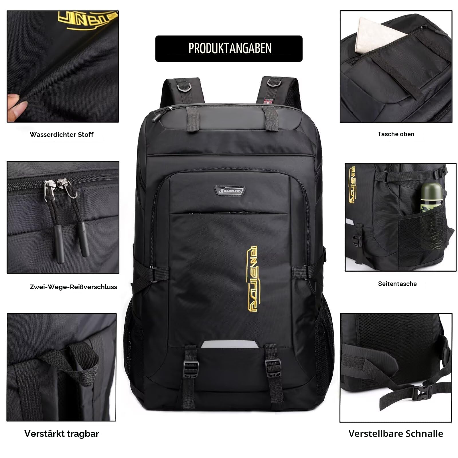 80L Wanderrucksack Wasserdicht Camping Rucksack Schwarz Wandern Tagesrucksack Reiserucksack für Damen und Herren Großer Rucksack für Touring Klettern Outdoor Sport